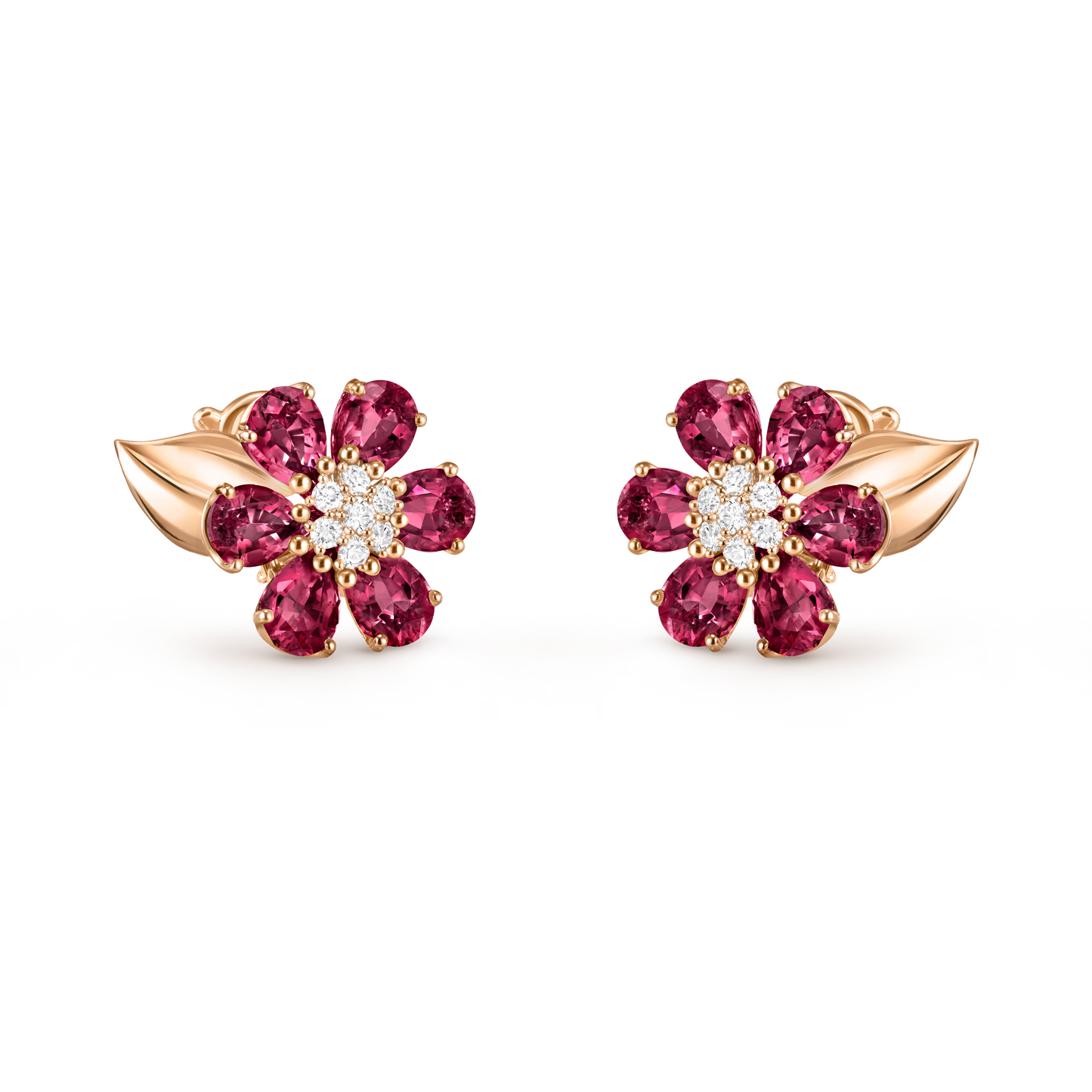 Fleurs d’Hawaï earrings, small model, 18K rose gold, rhodolites, round diamonds.