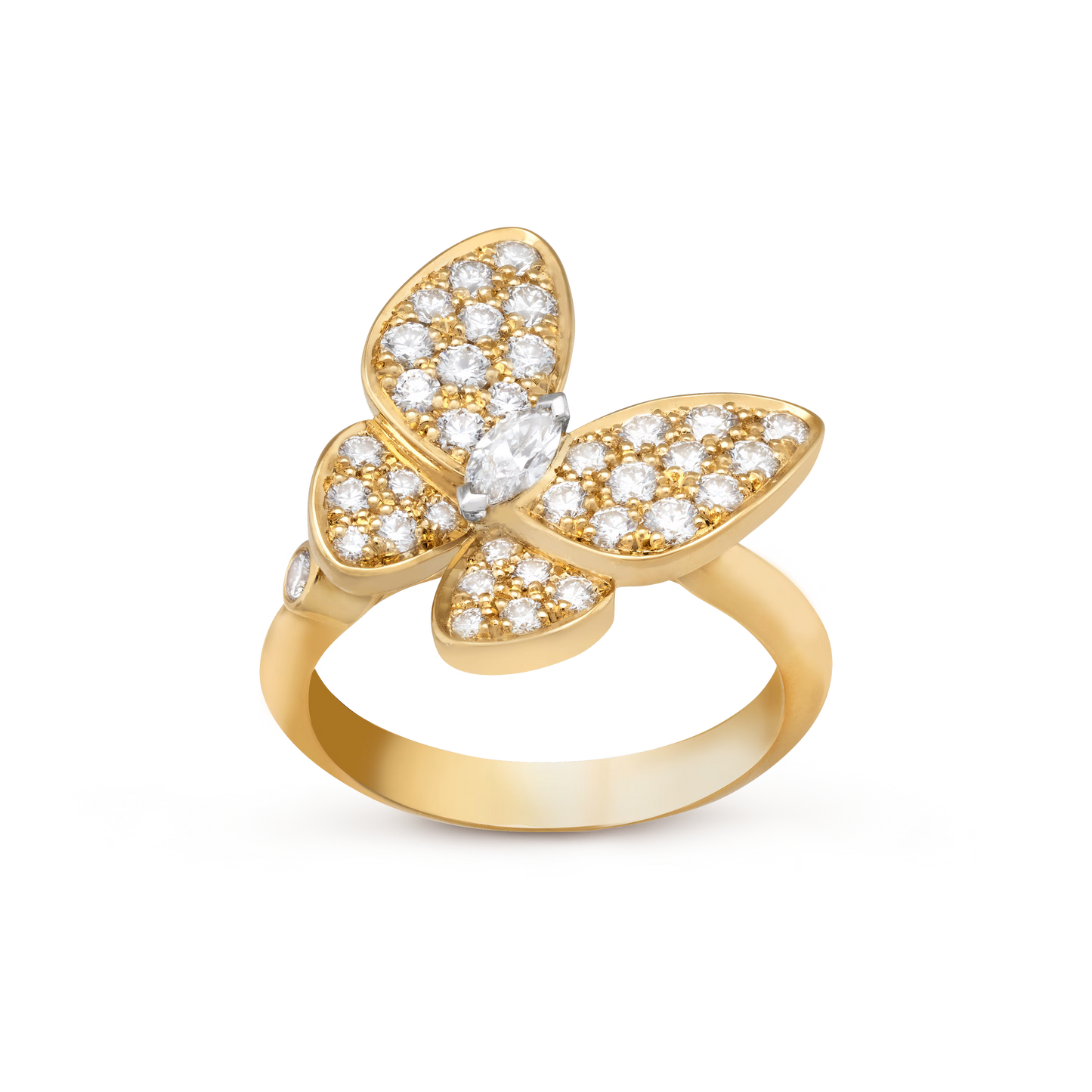 Two Butterfly ring, 18K yellow gold, round diamonds, rhodium plated 18K white gold, marquise-cut diamonds.