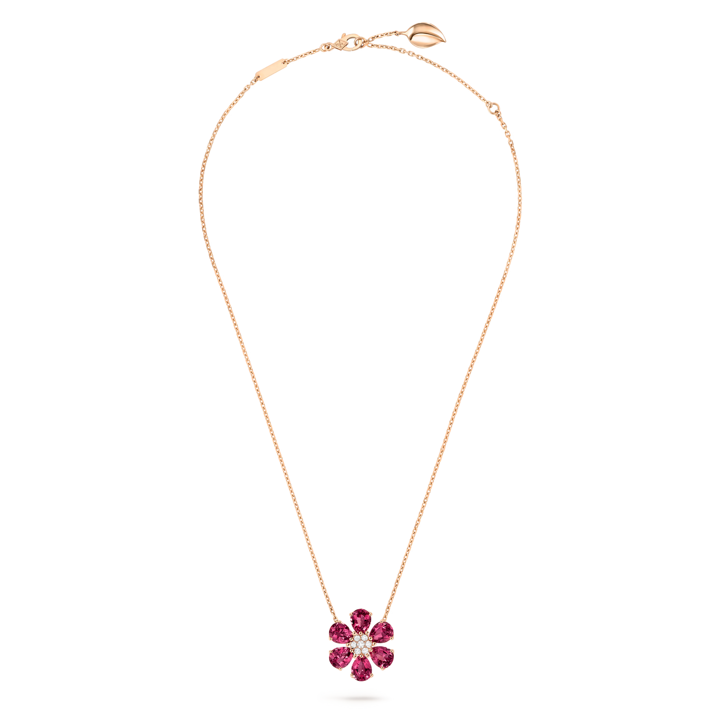Fleurs d’Hawaï pendant, medium model, 18K rose gold, rhodolites, round diamonds.