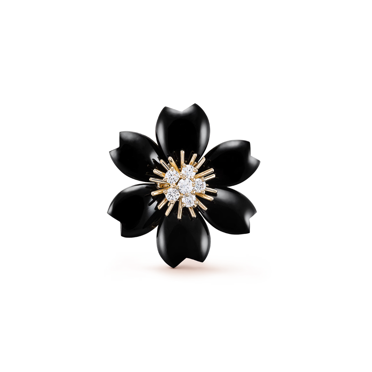 Rose de Noël clip pendant, small model, 18K yellow gold, onyx, round diamonds.