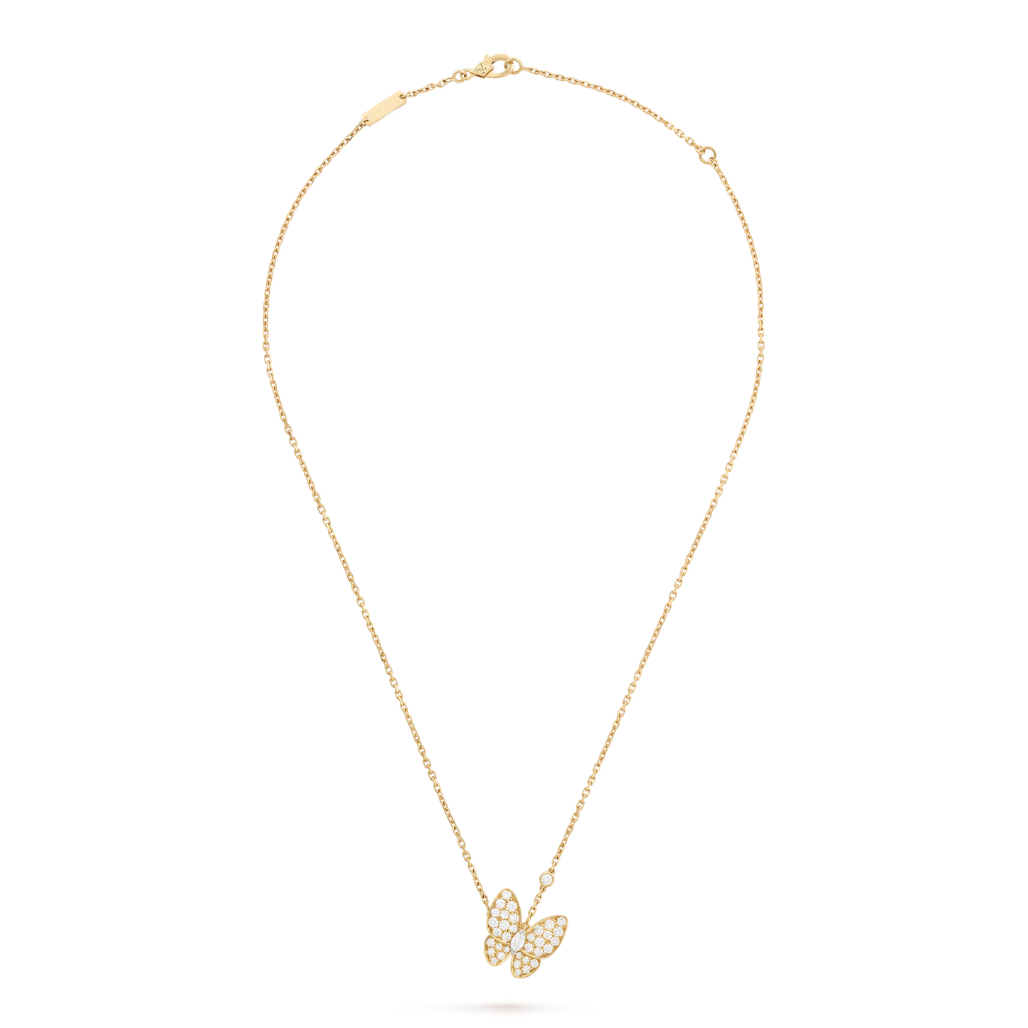 Two Butterfly pendant, 18K yellow gold, round diamonds, rhodium plated 18K white gold, marquise-cut diamonds.