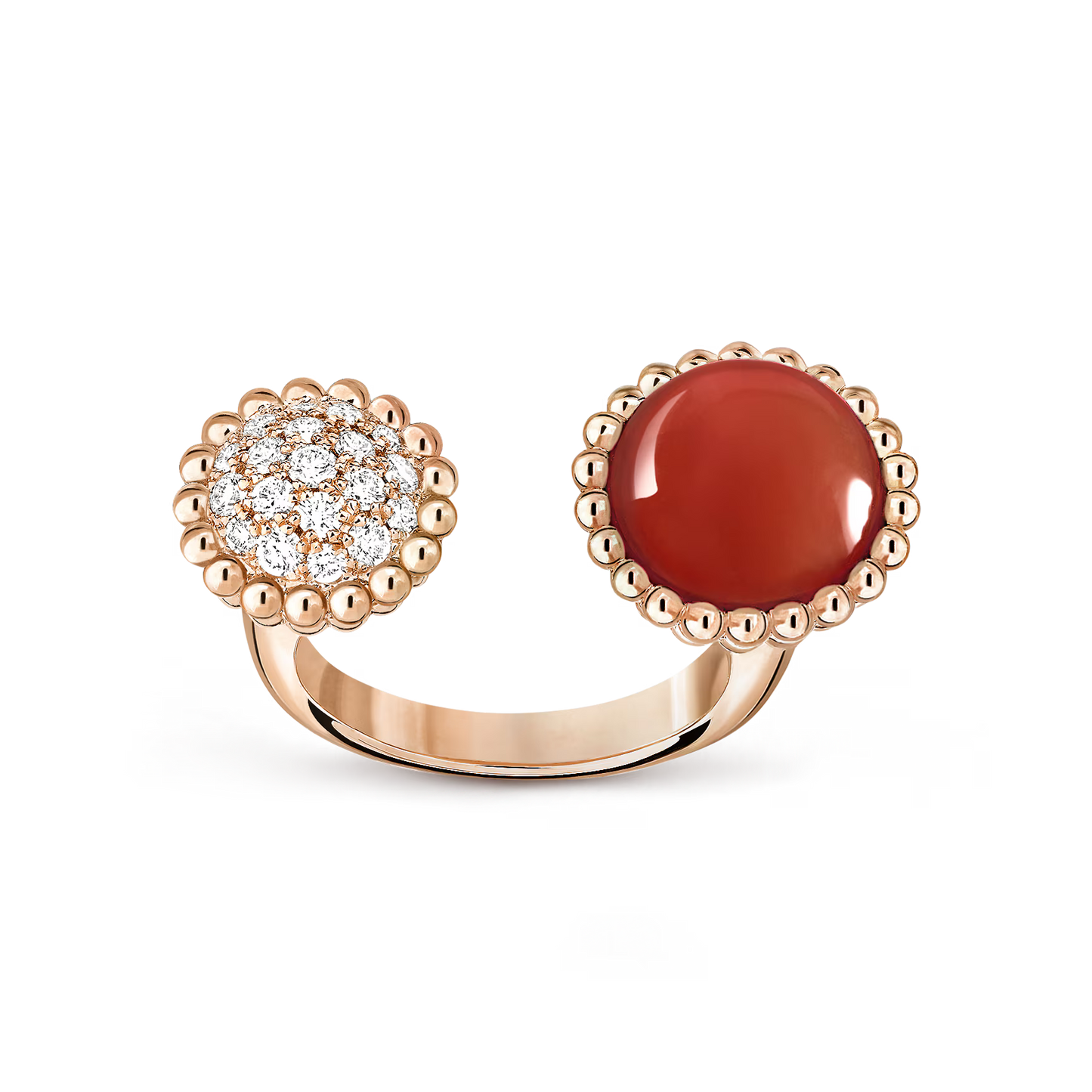 Perlée couleurs Between the Finger ring, 18K rose gold, carnelian, round diamonds.