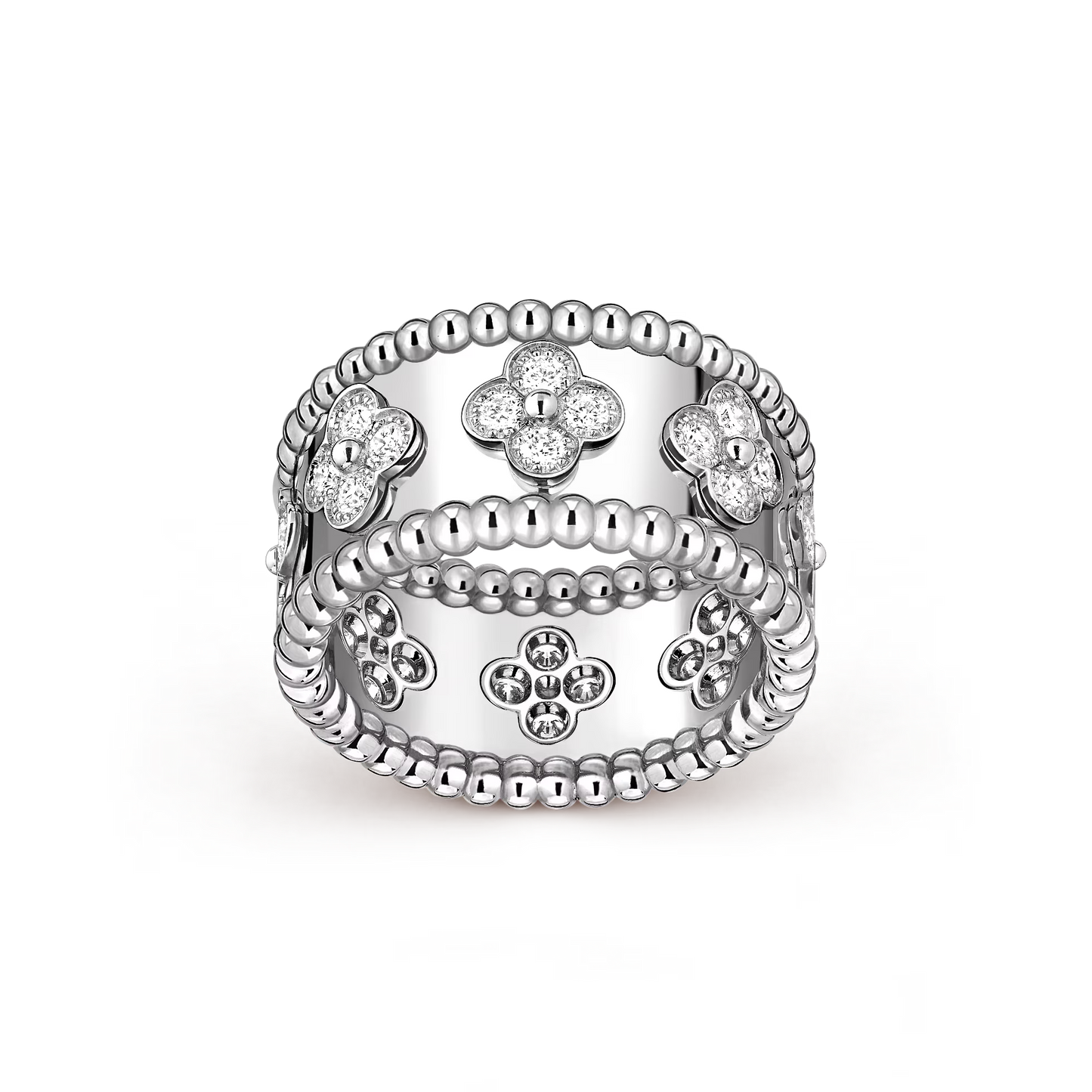 Perlée clovers ring, rhodium plated 18K white gold, round diamonds, small model.