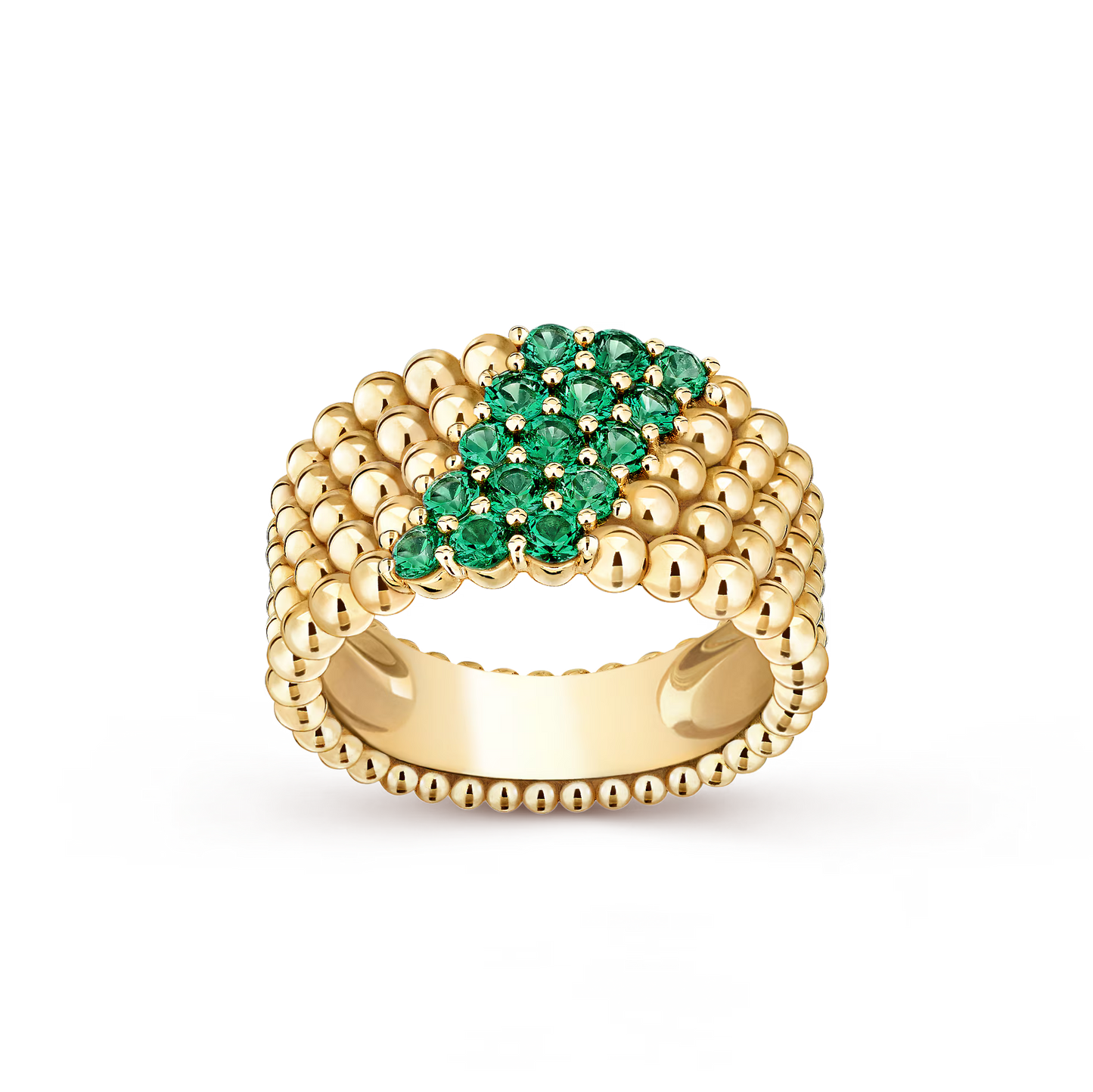 Perlée couleurs ring, 5 rows, 18K yellow gold, round emeralds.