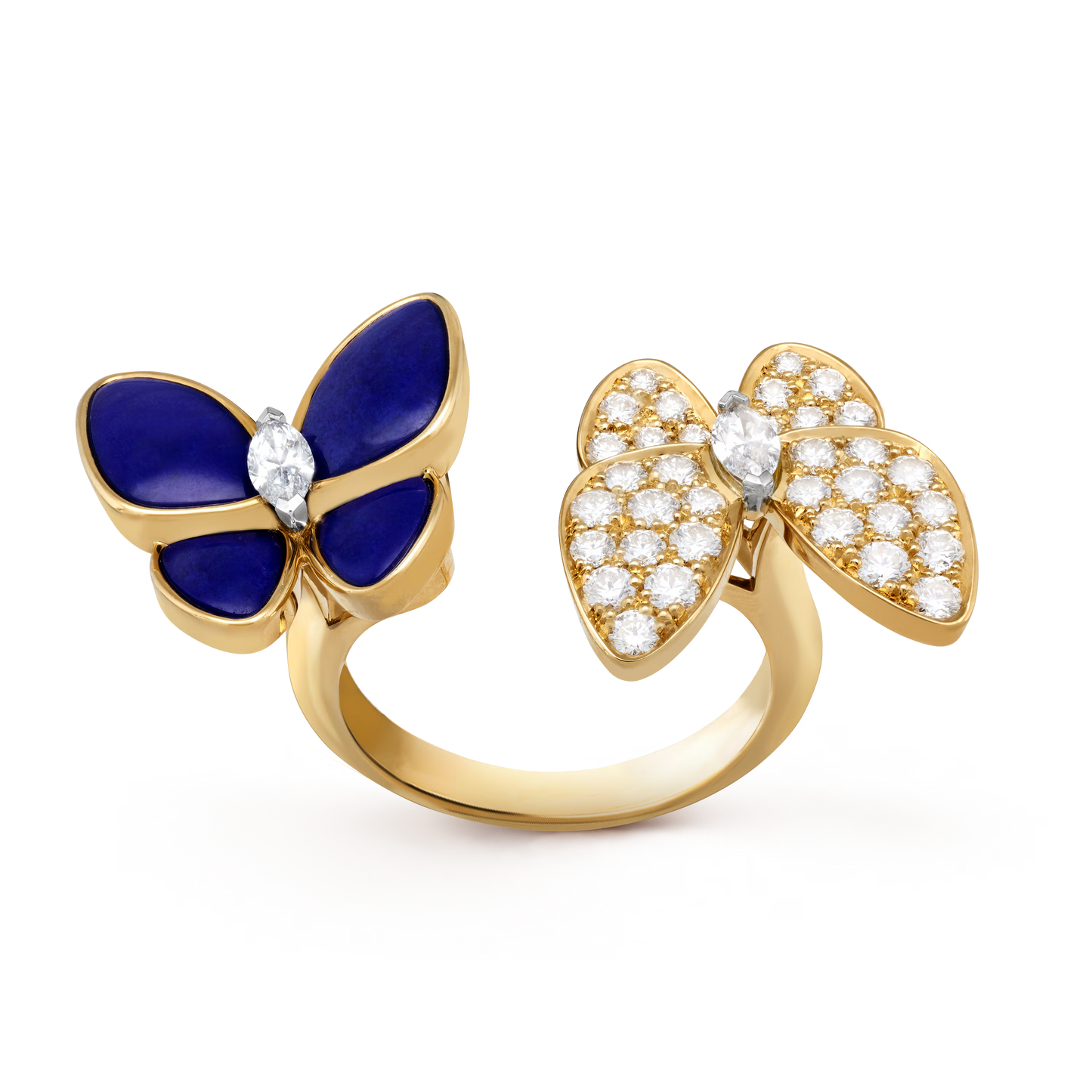 Two Butterfly ring, 18K yellow gold, rhodium plated 18K white gold, round and marquise-cut diamonds.