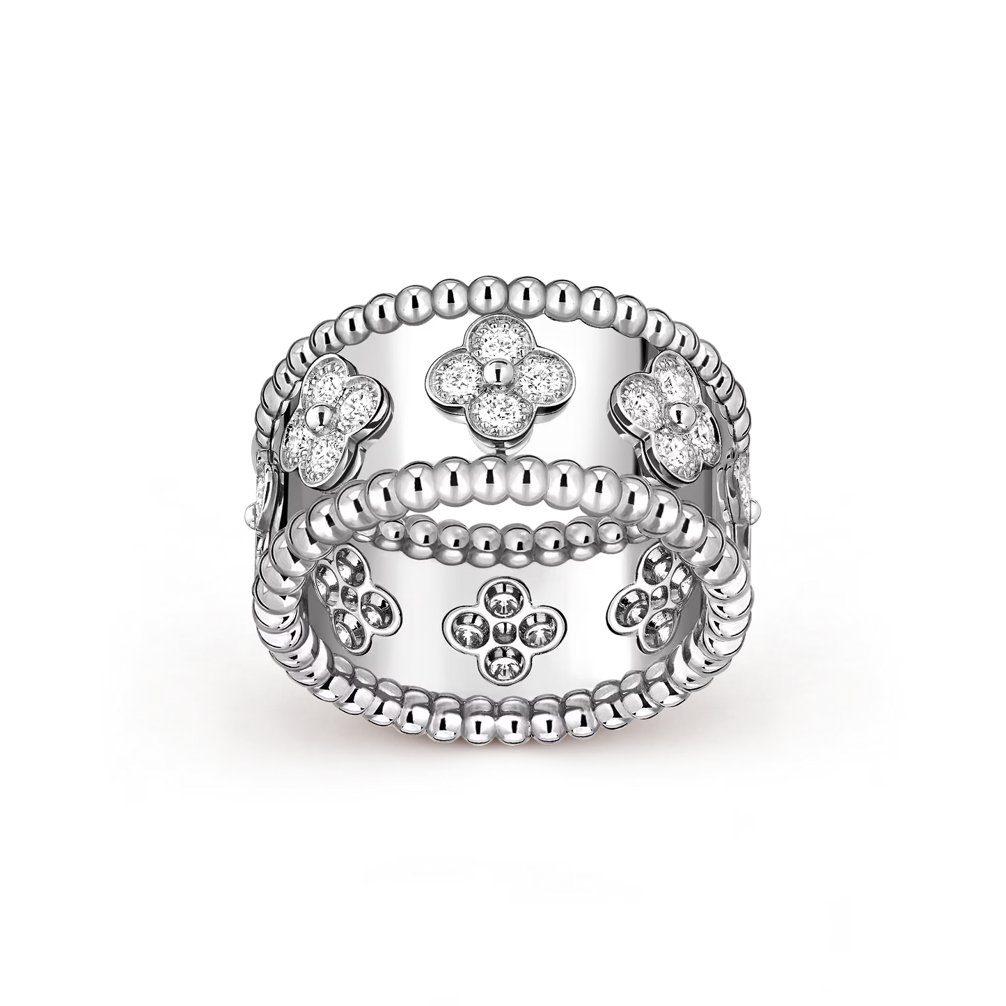 Perlée clovers ring, rhodium plated 18K white gold, round diamonds, medium model.