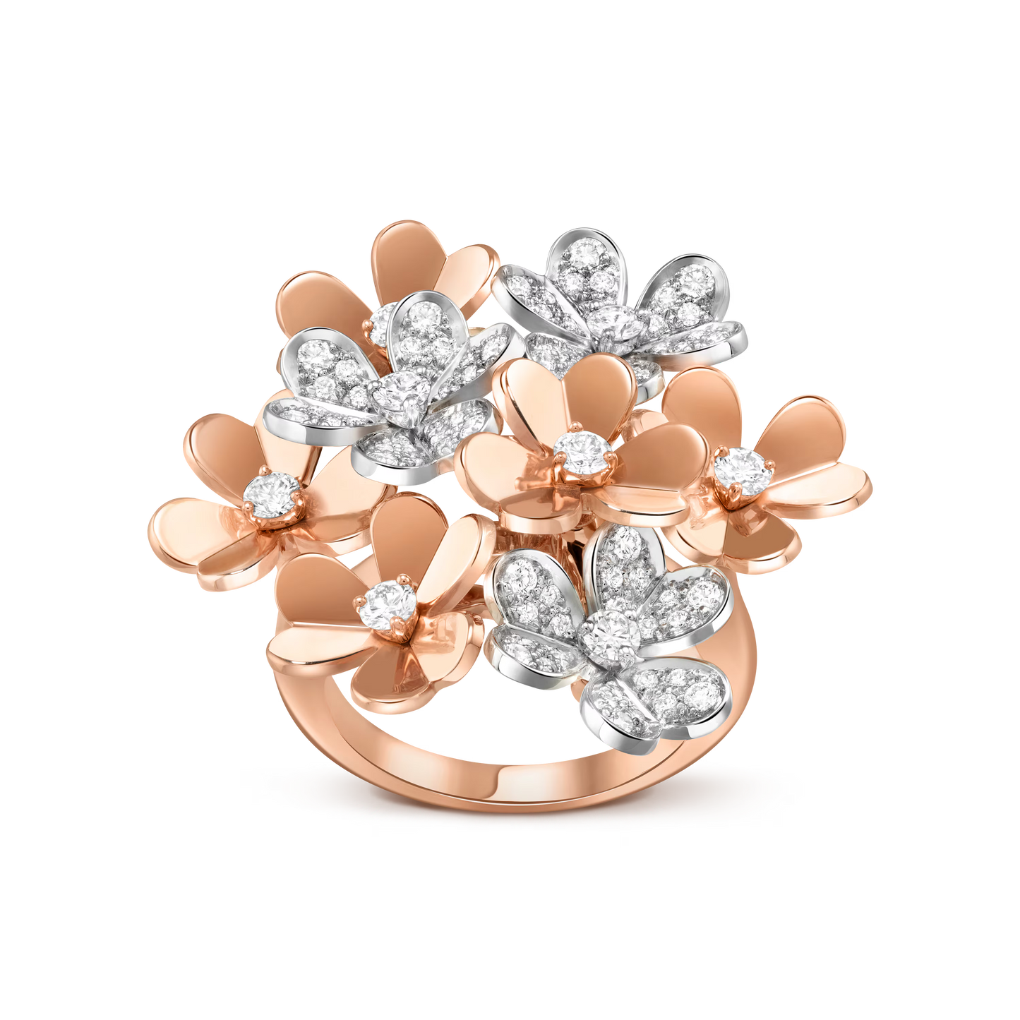 Frivole ring, 8 flowers, 18K rose gold, rhodium-plated 18K white gold, round diamonds.