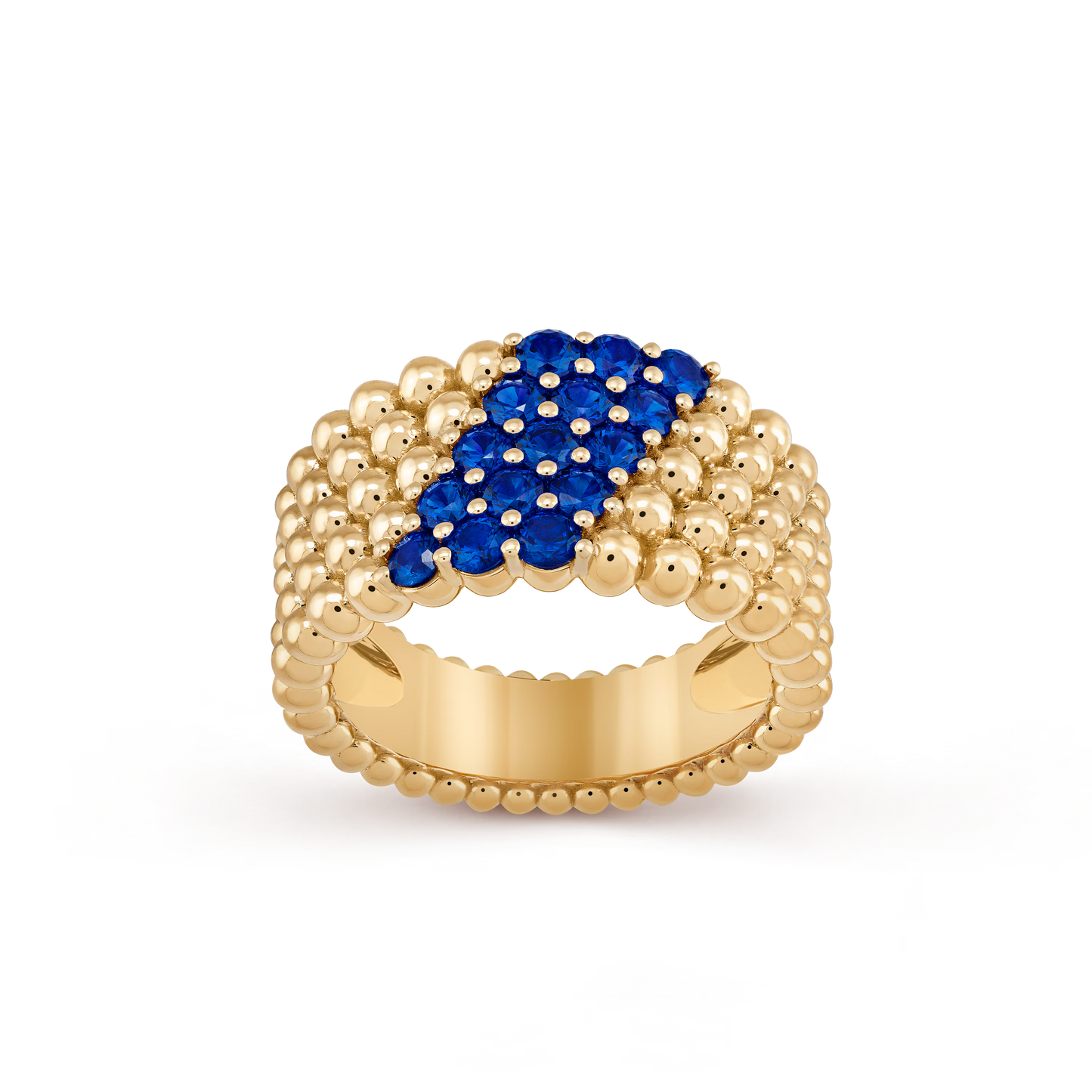 Perlée couleurs ring, 5 rows, 18K yellow gold, round sapphires.