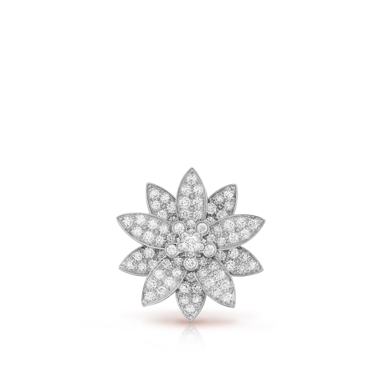 Lotus clip pendant, medium model, rhodium plated 18K white gold, round diamonds.