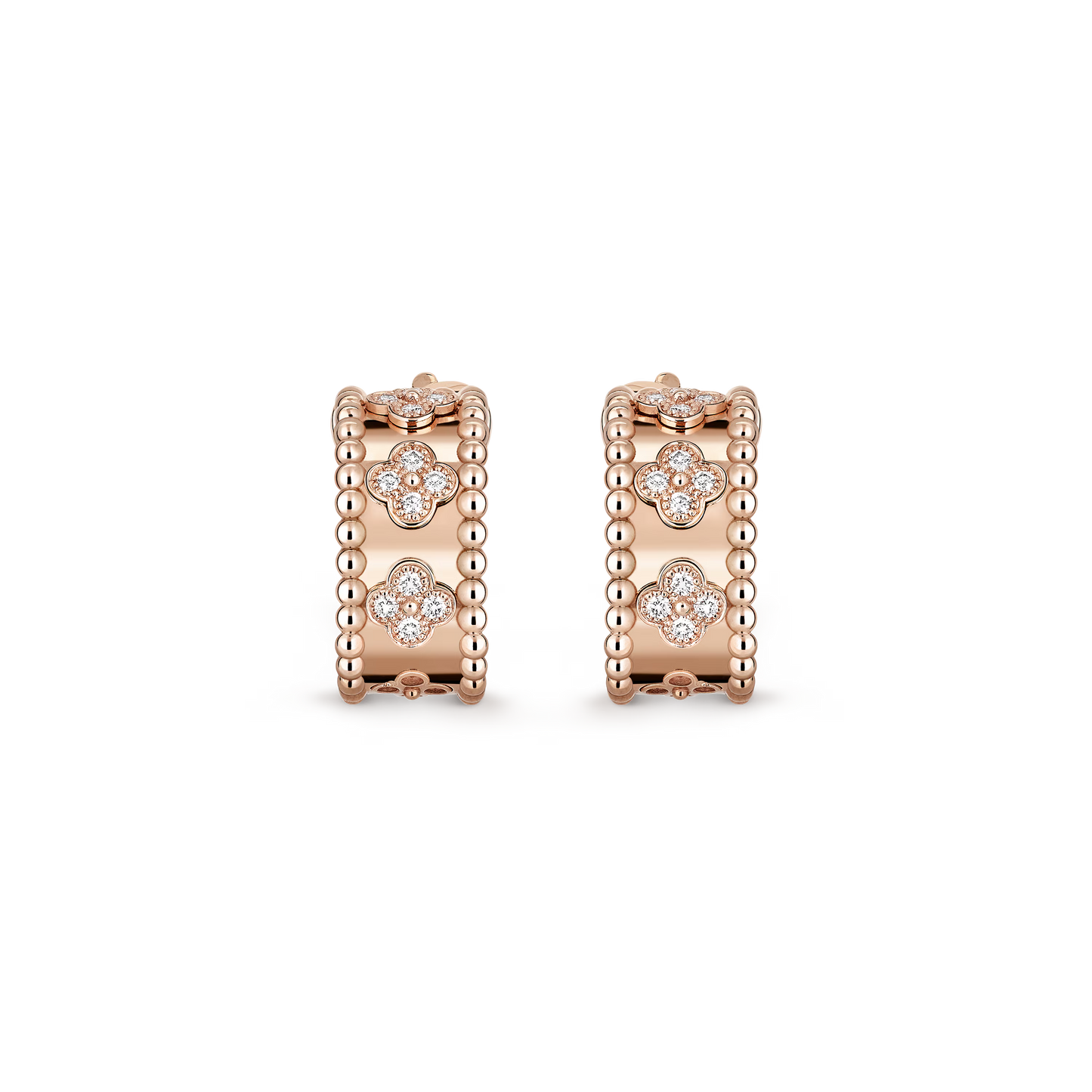 Perlée clovers hoop earrings, 18K rose gold, round diamonds.