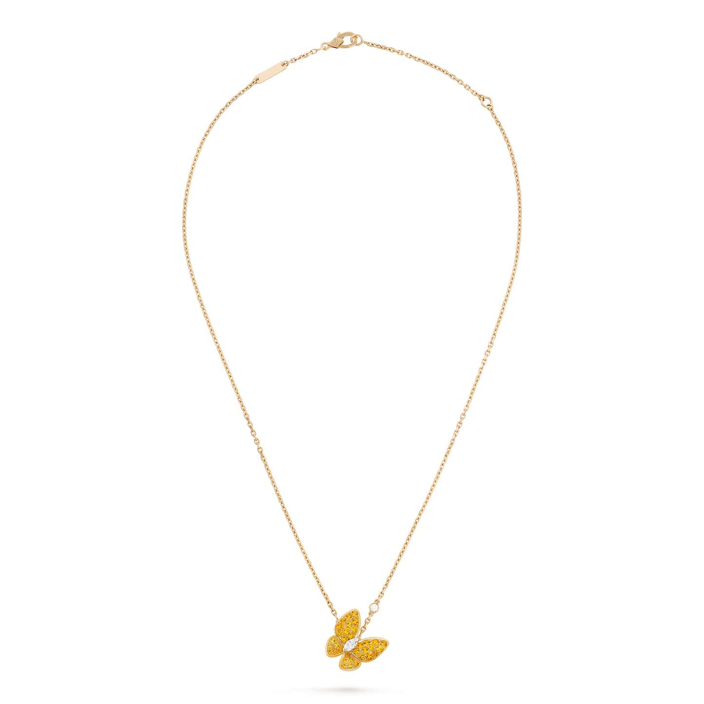 Two Butterfly pendant, 18K yellow and white gold, rhodium plated, round and marquise-cut diamonds