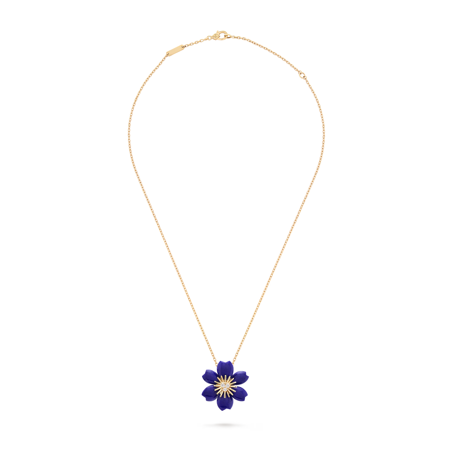 Rose de Noël pendant, mini model, 18K yellow gold, lapis lazuli, round diamonds.