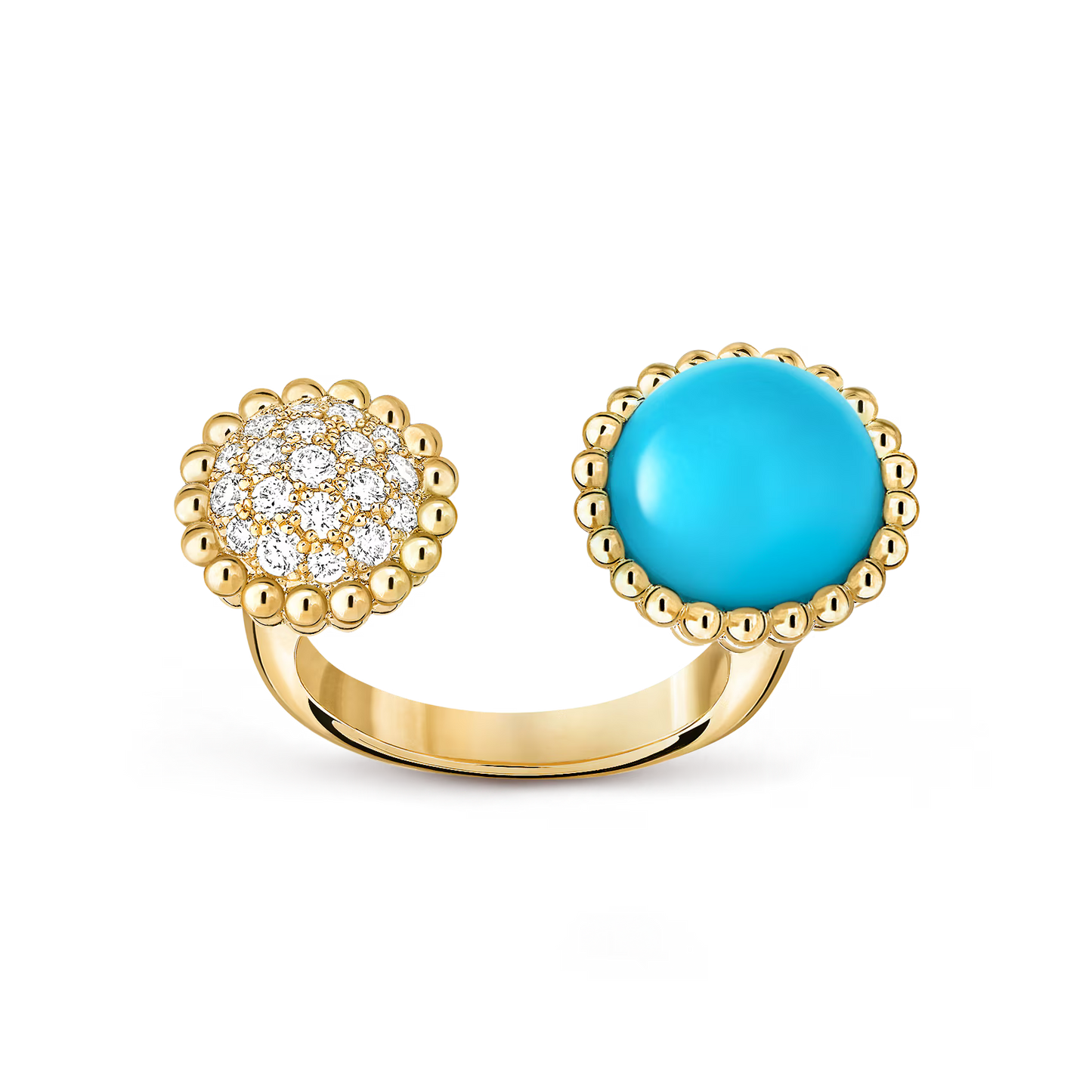 Perlée couleurs Between the Finger ring, 18K yellow gold, turquoise, round diamonds.