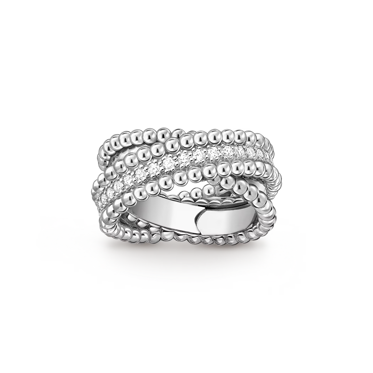 Perlée diamonds duo ring, rhodium plated 18K white gold, round diamonds.