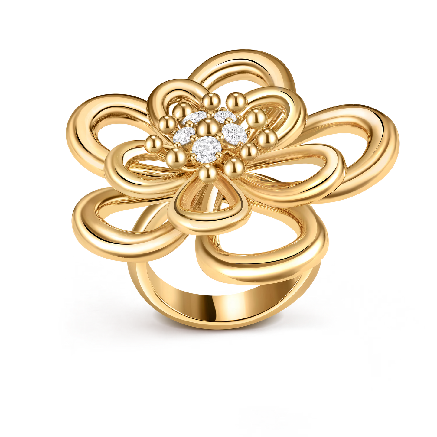 Flowerlace ring, medium model, yellow gold, round diamonds.