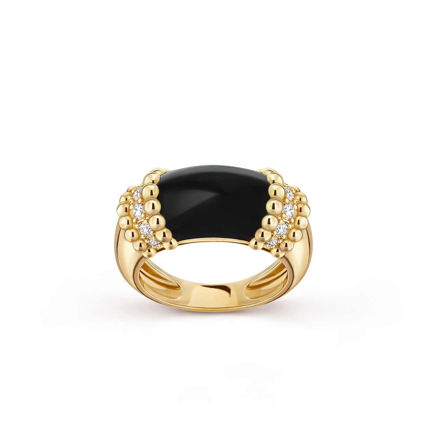 Perlée couleurs ring, 18K yellow gold, onyx, round diamonds.