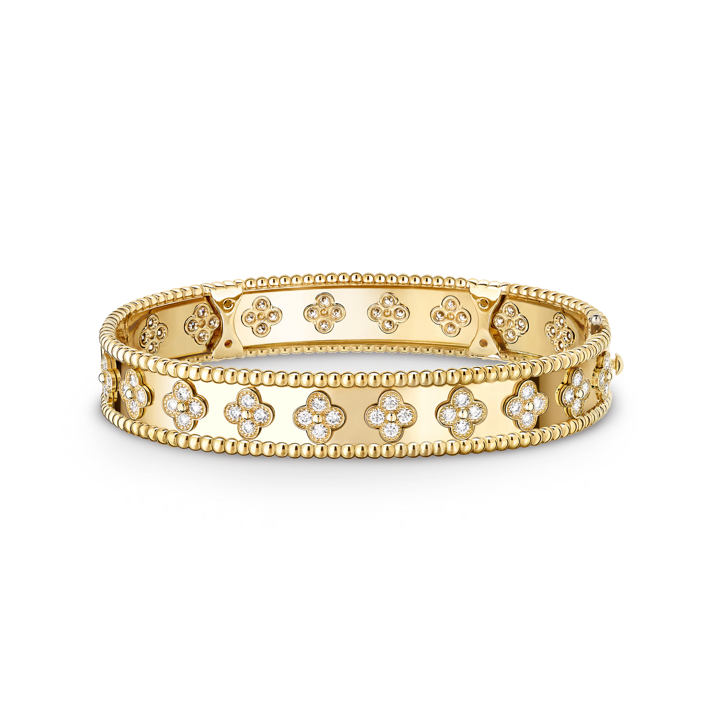 Perlée clovers bracelet, 18K yellow gold, round diamonds, medium model.