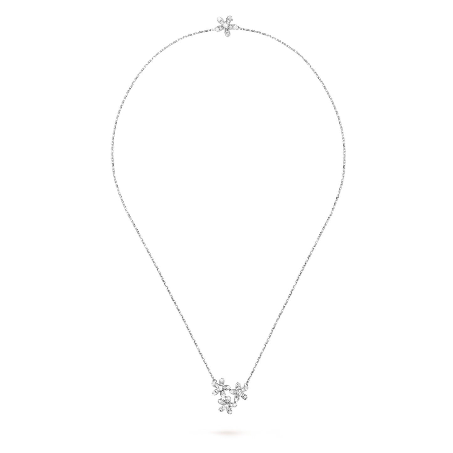 Socrate pendant, 3 flowers, rhodium plated 18K white gold, round diamonds.