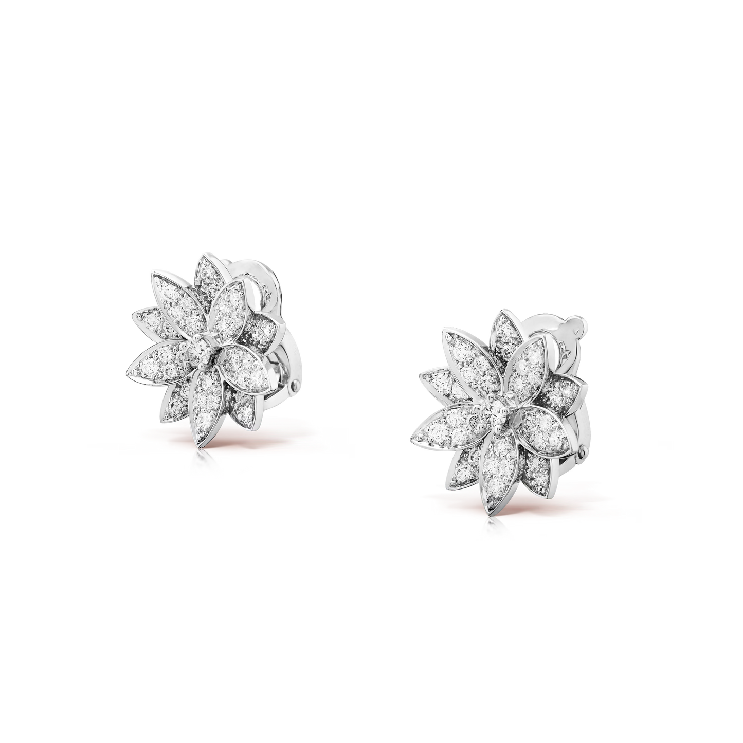 Lotus earrings, small model, rhodium plated 18K white gold, round diamonds.