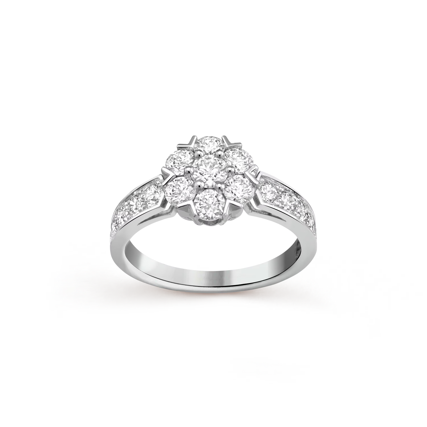 Fleurette ring, rhodium plated 18K white gold, round diamonds.