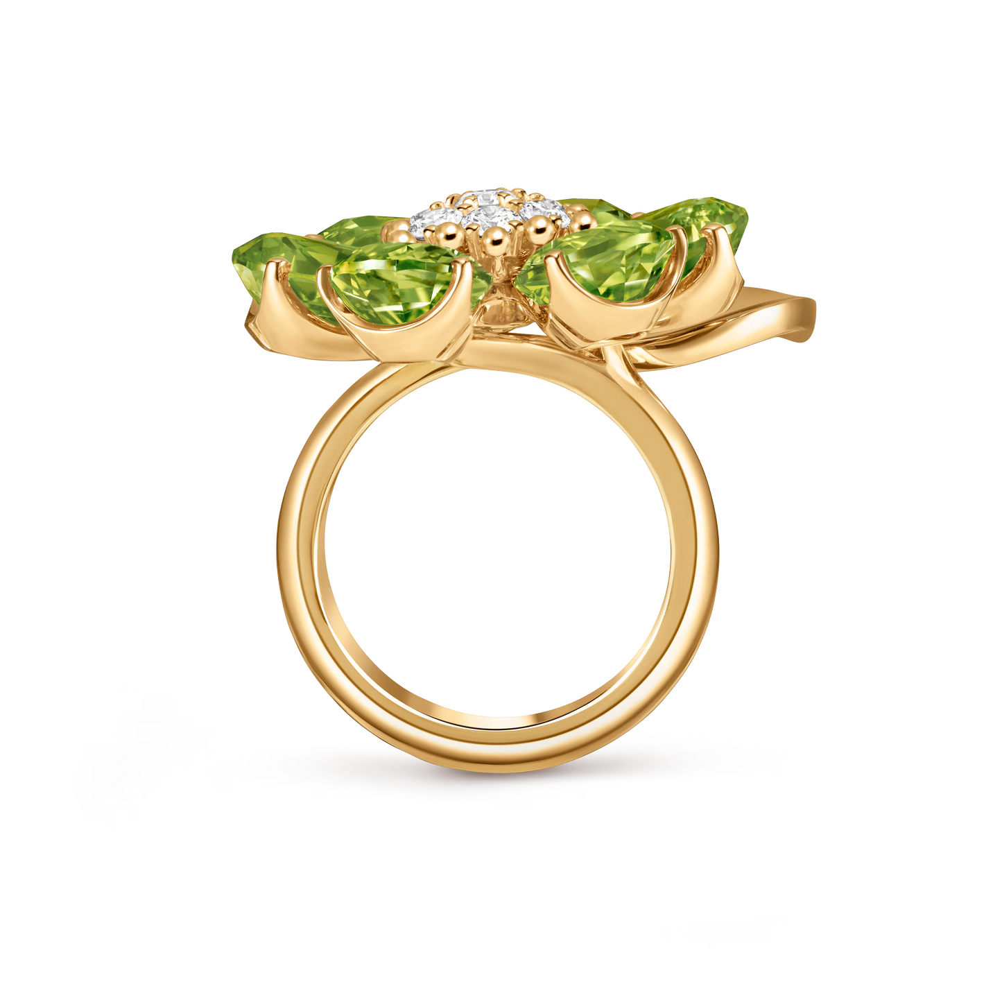 Fleurs d’Hawaï ring, large model, 18K yellow gold, peridots, round diamonds.