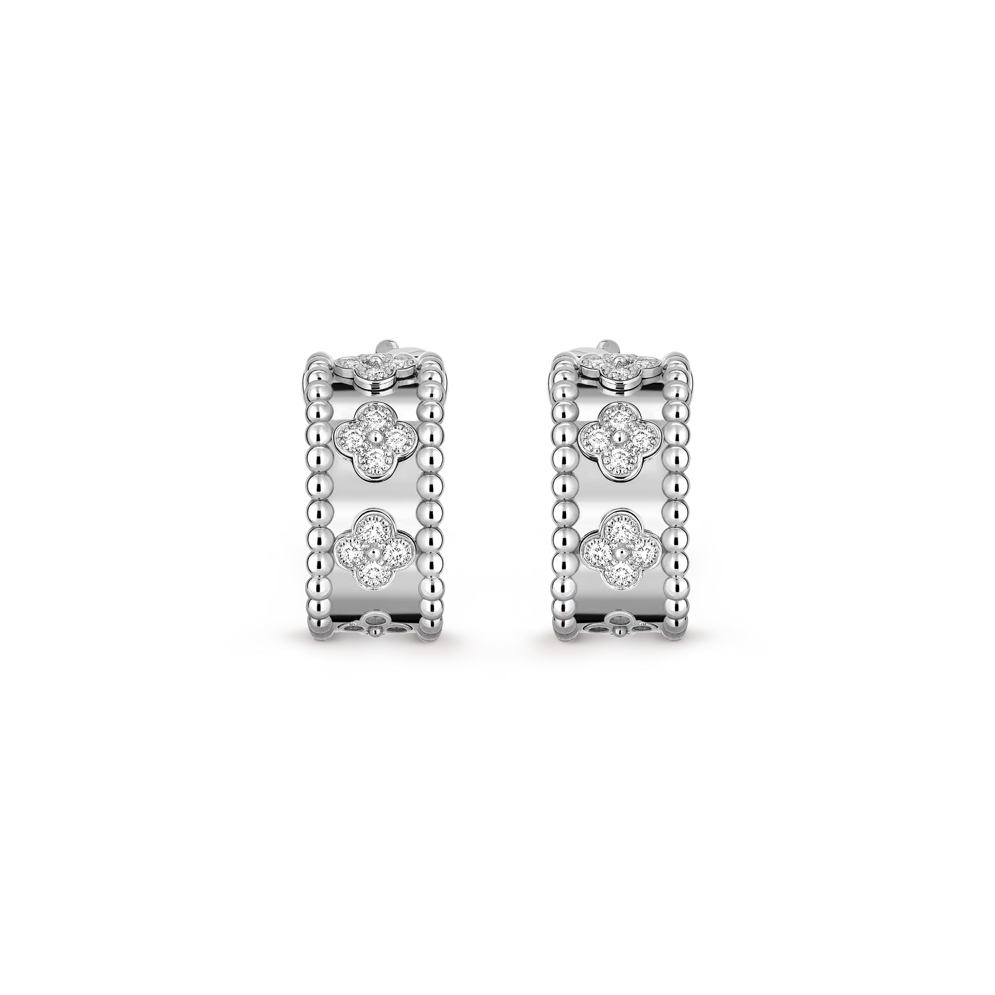 Perlée clovers hoop earrings, rhodium plated 18K white gold, round diamonds.
