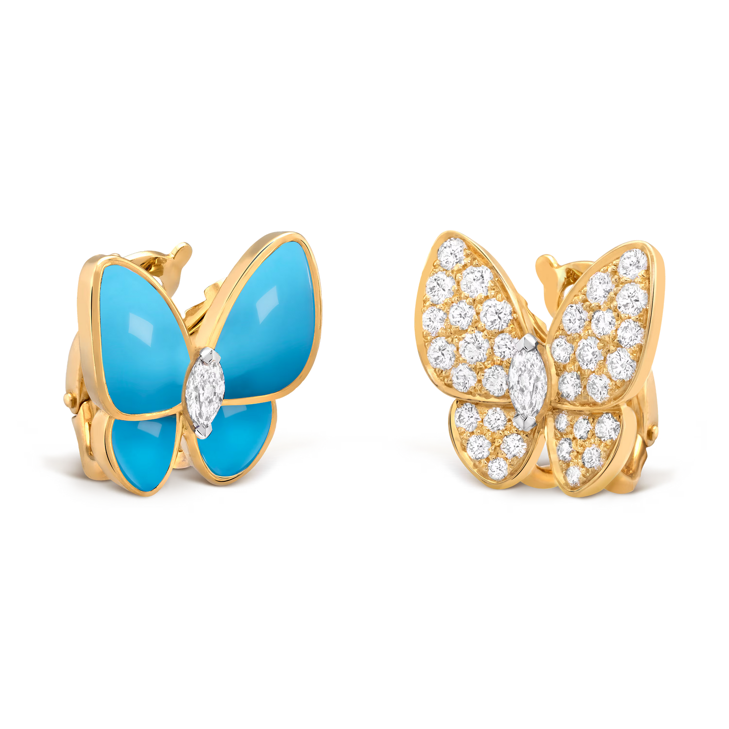 Two Butterfly earrings, 18K yellow gold, turquoise, rhodium plated 18K white gold, round and marquise-cut diamonds.