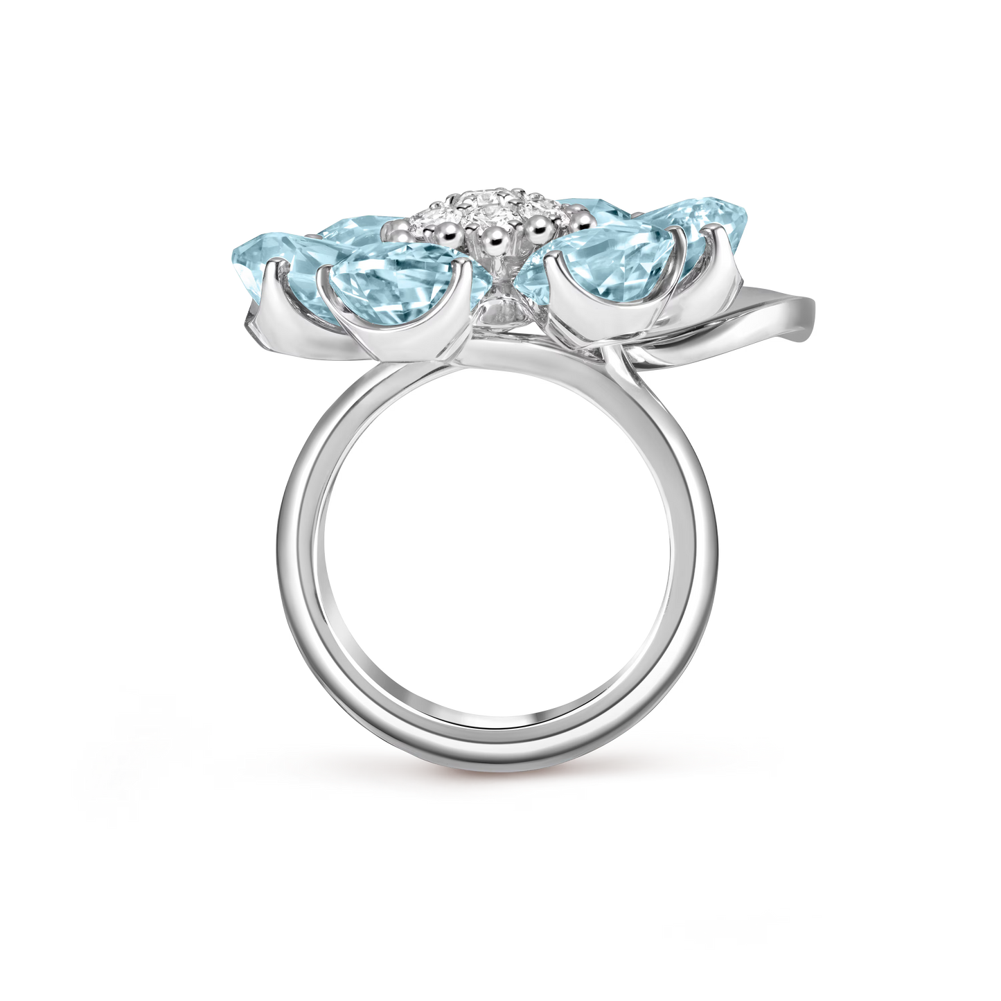 Fleurs d’Hawaï ring, large model, 18K white gold, aquamarines, round diamonds.
