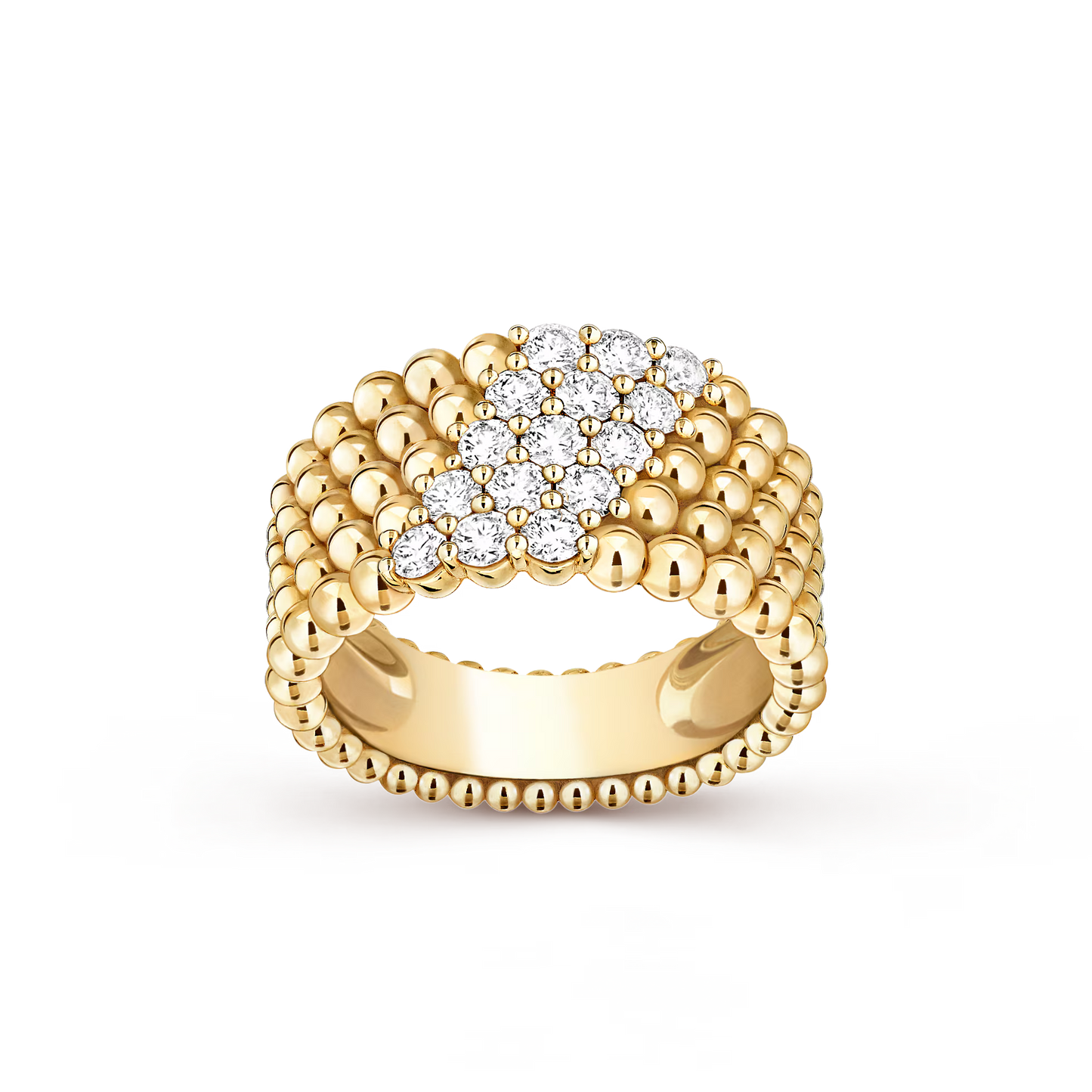 Perlée diamonds ring, 5 rows, 18K yellow gold, round diamonds.