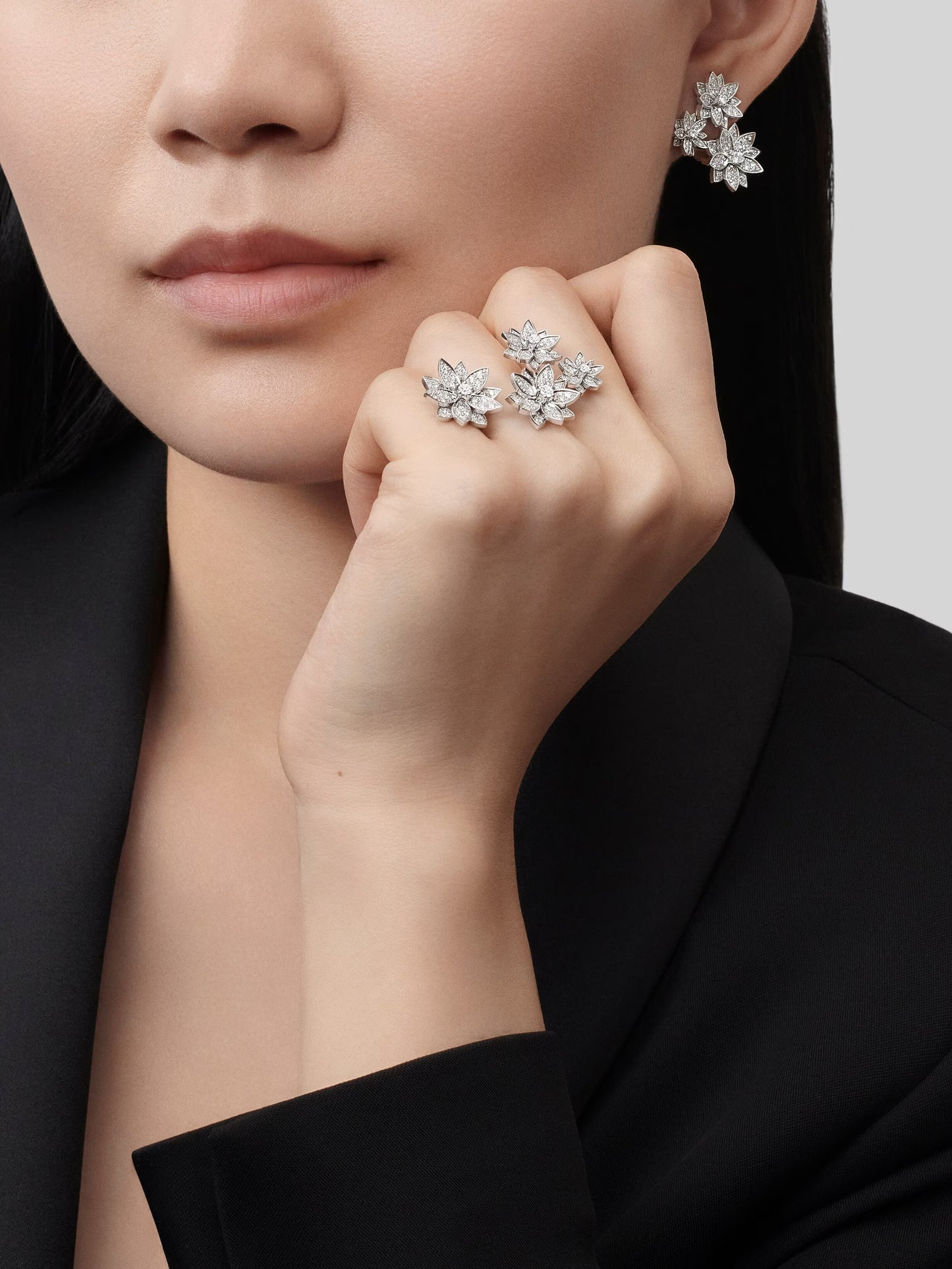 Lotus earrings, 3 flowers, rhodium plated 18K white gold, round diamonds.