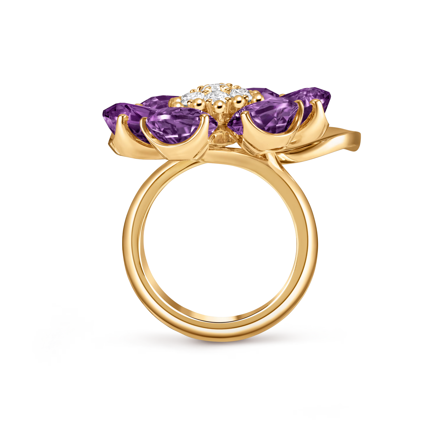 Fleurs d’Hawaï ring, large model, 18K yellow gold, amethysts, round diamonds.
