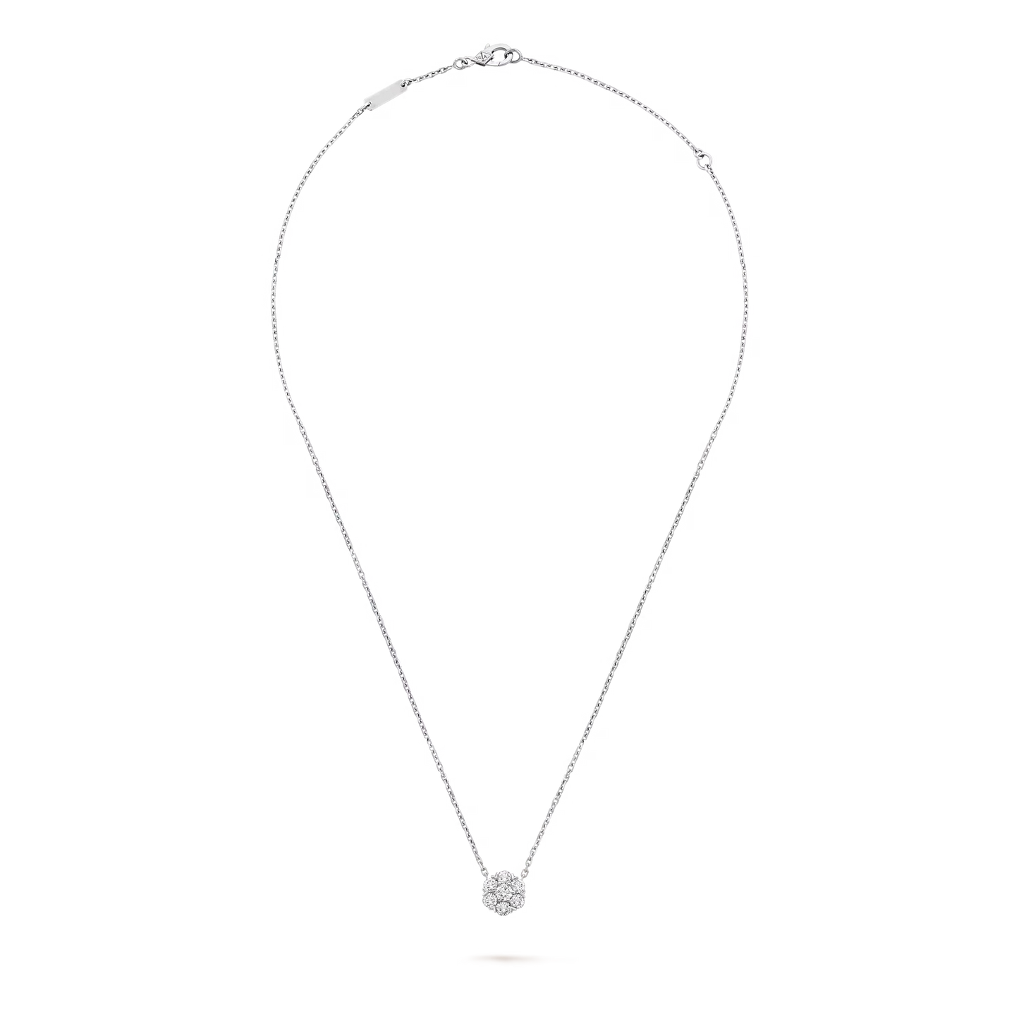 Fleurette pendant, rhodium plated 18K white gold, round diamonds.