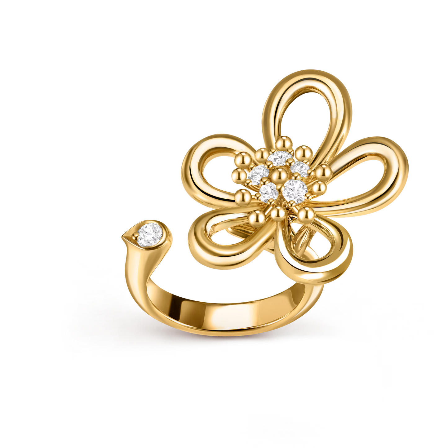 Flowerlace Between the Finger ring, small model, yellow gold, round diamonds
