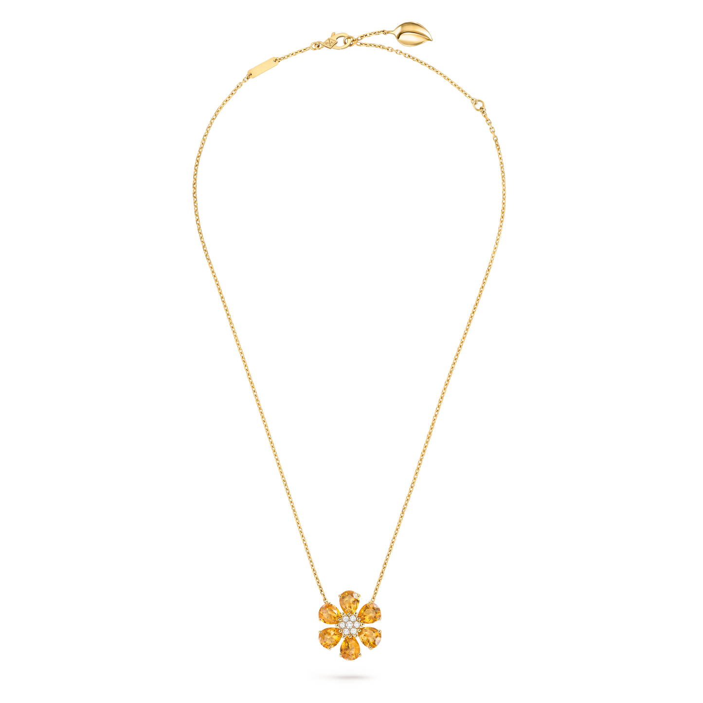 Fleurs d’Hawaï pendant, medium model, 18K yellow gold, citrines, round diamonds.