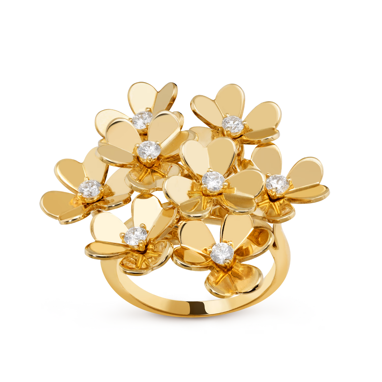 Frivole ring, 8 flowers, 18K yellow gold, round diamonds.