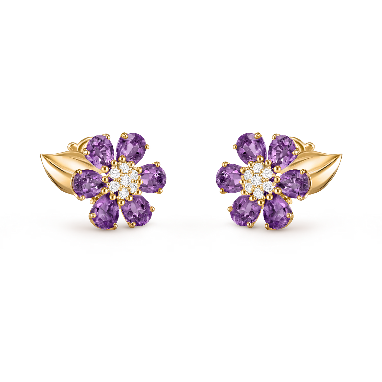 Fleurs d’Hawaï earrings, small model, 18K yellow gold, amethysts, round diamonds.