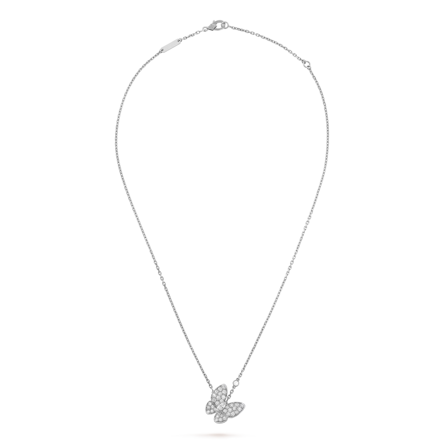 Two Butterfly pendant, rhodium plated 18K white gold, round and marquise-cut diamonds.
