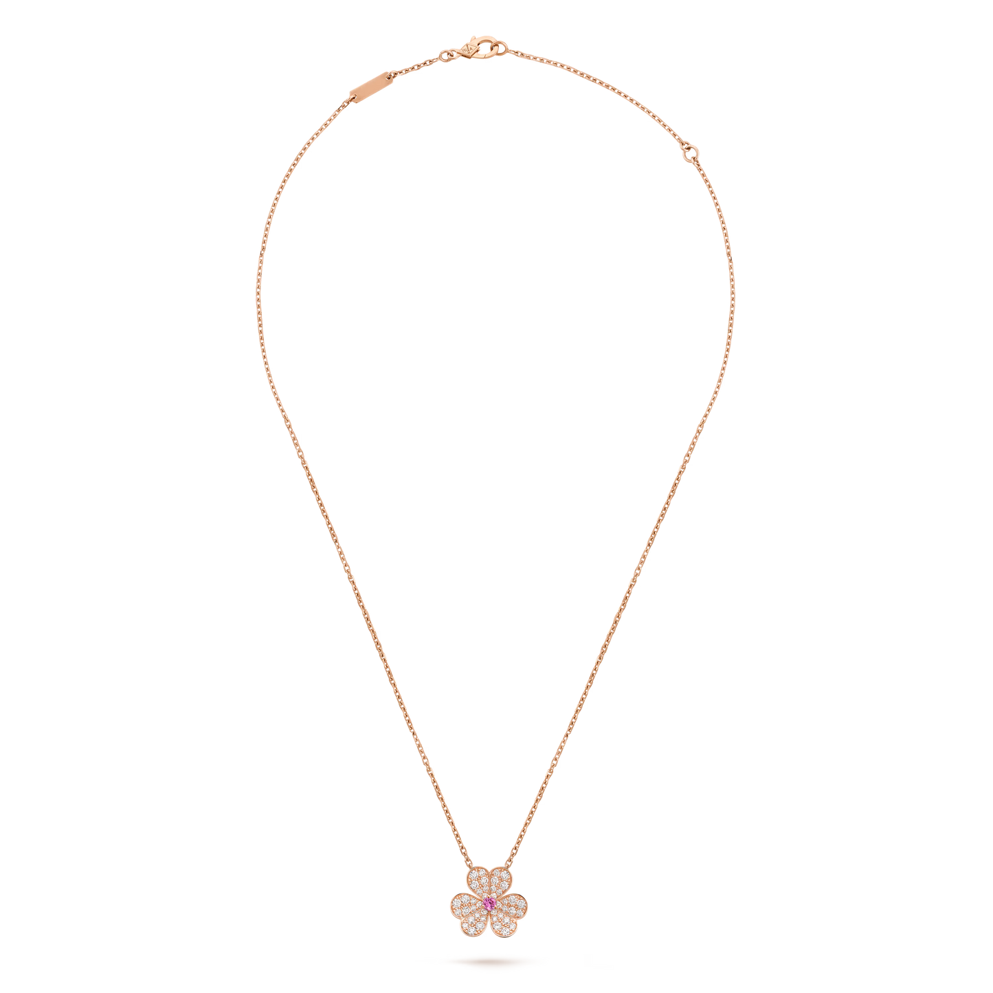 Frivole pendant, small model, 18K rose gold, round pink sapphire, round diamonds.