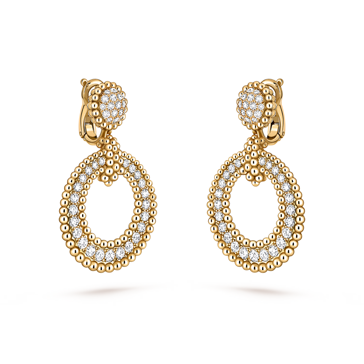 Perlée diamonds earrings, 18K yellow gold, round diamonds.