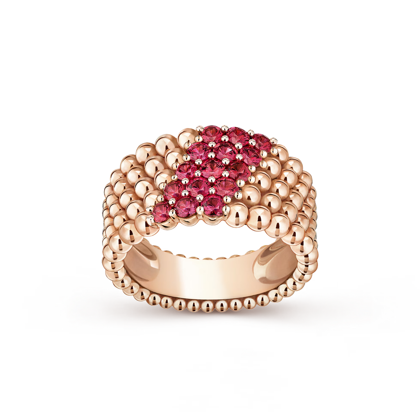 Perlée couleurs ring, 5 rows, 18K rose gold, round rubies.