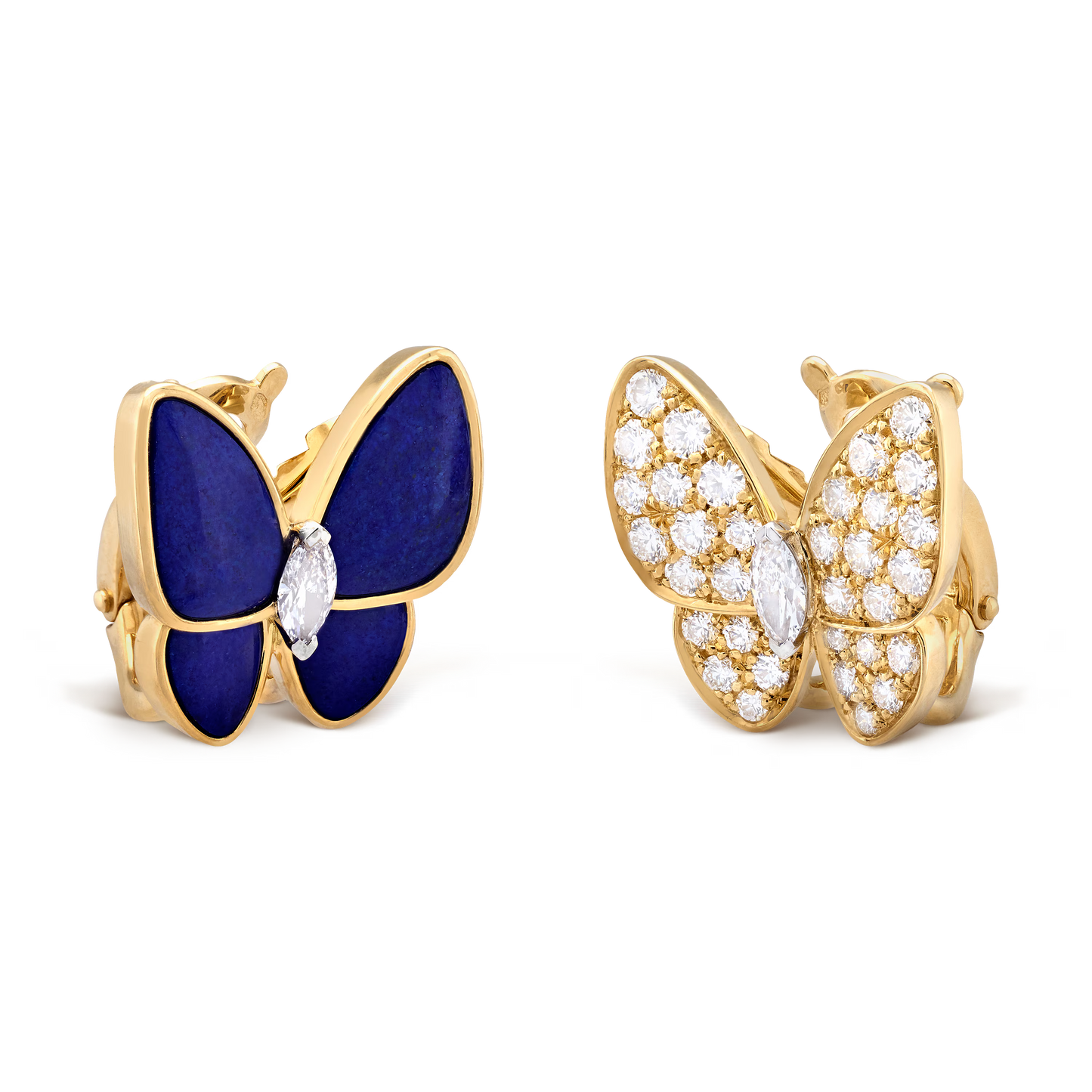 Two Butterfly earrings, 18K yellow gold, lapis lazuli, rhodium plated 18K white gold, round and marquise-cut diamonds.