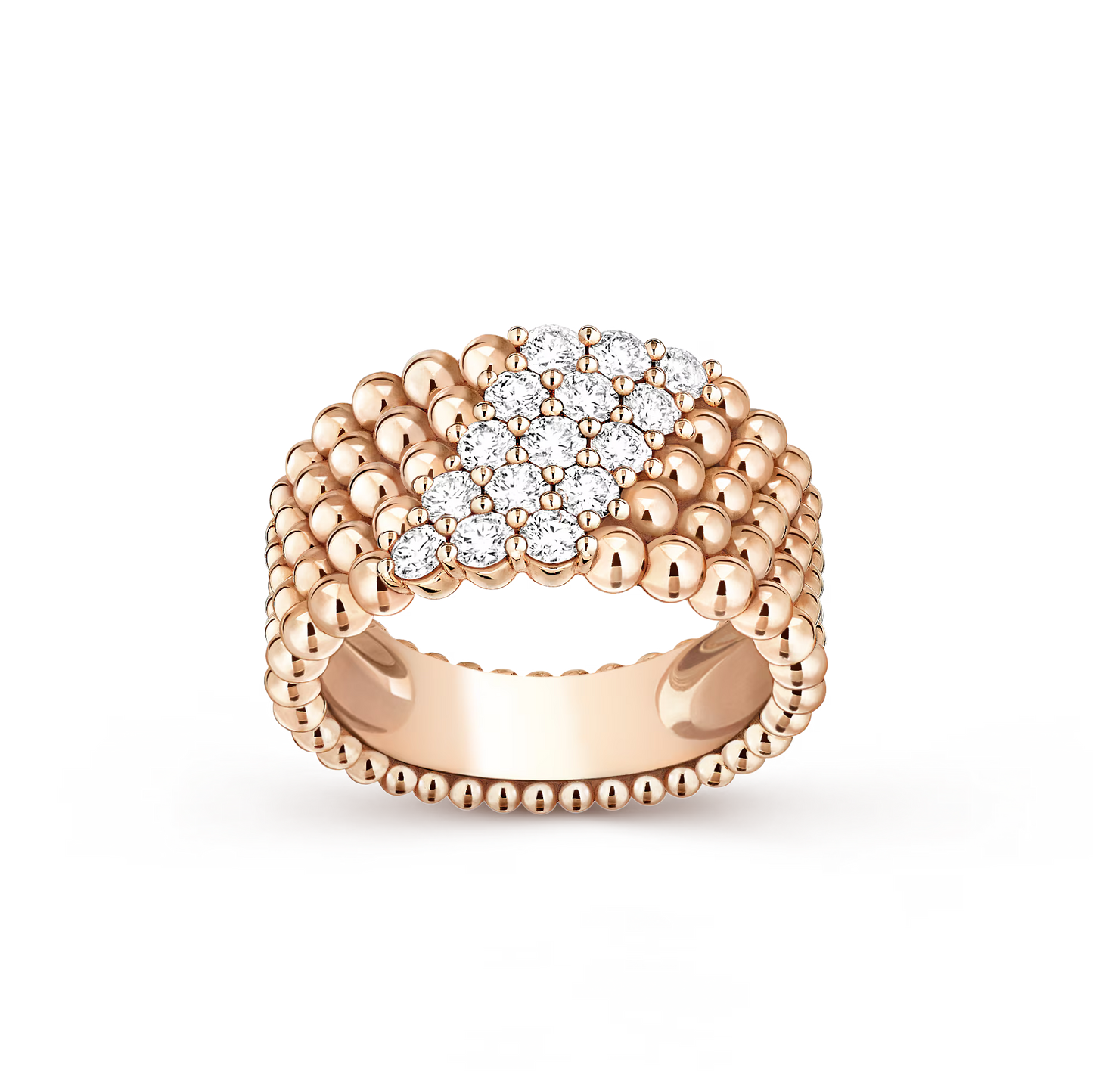 Perlée diamonds ring, 5 rows, 18K rose gold, round diamonds.