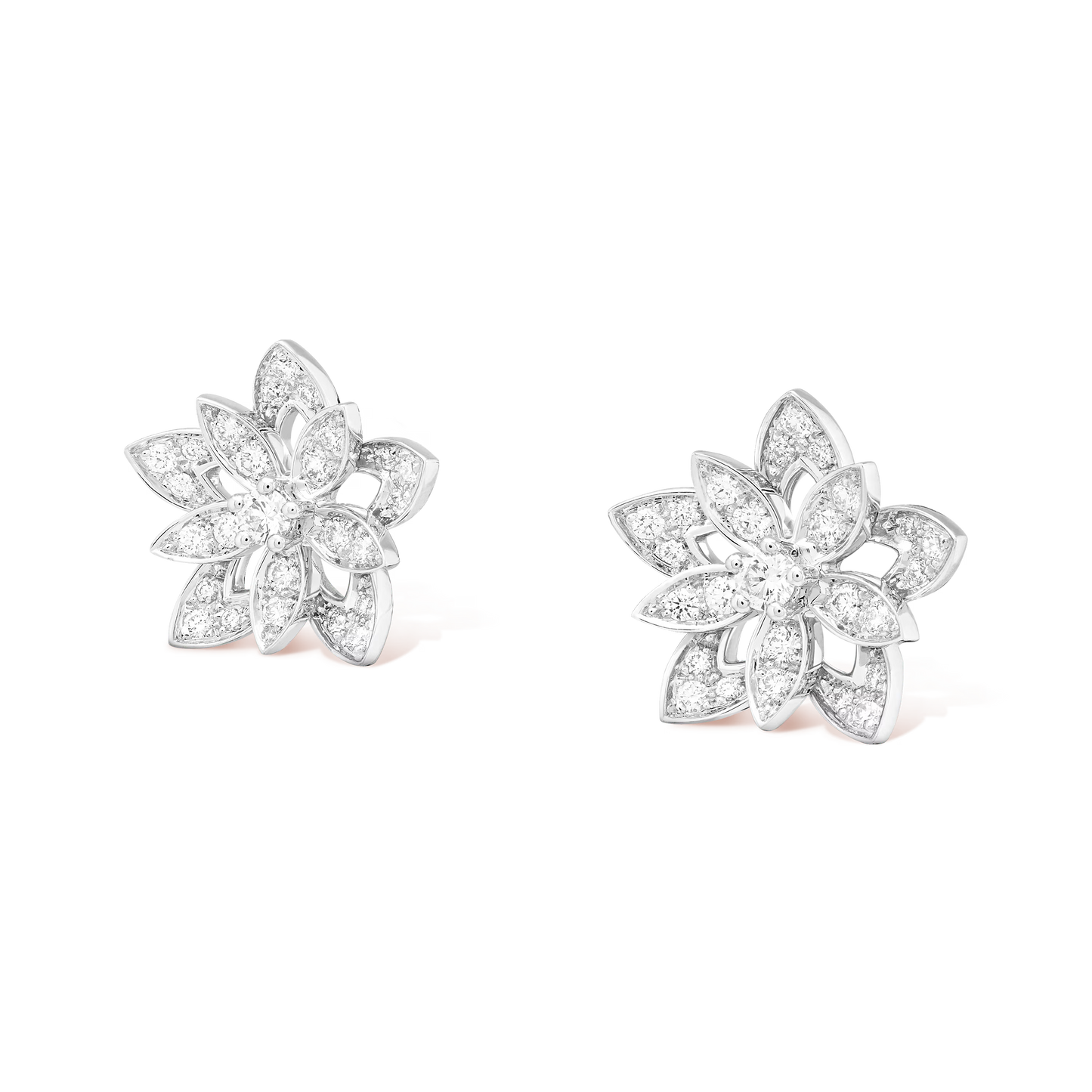 Lotus openwork earrings, mini model, rhodium plated 18K white gold, round diamonds.