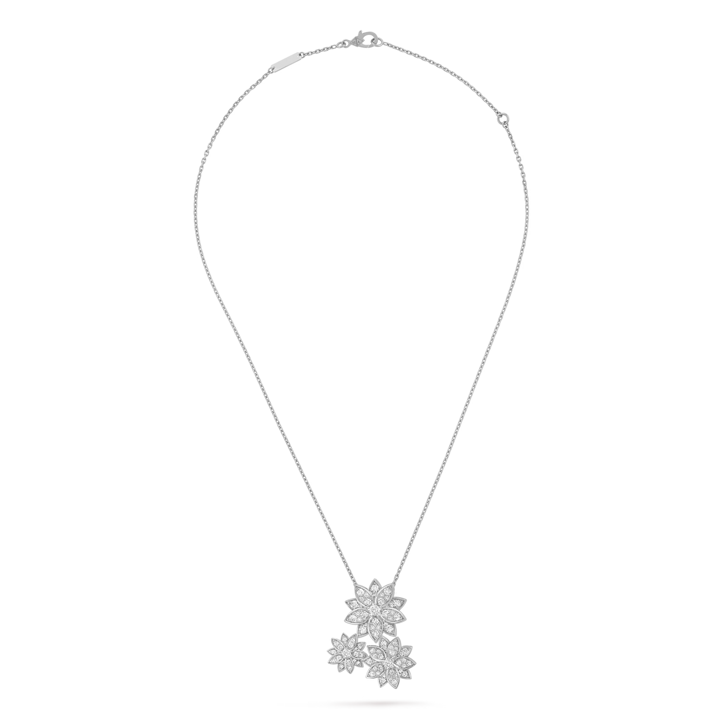 Lotus pendant, 3 flowers, rhodium plated 18K white gold, round diamonds