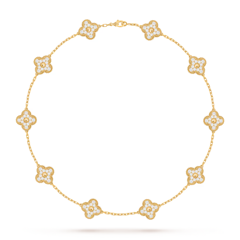 Vintage Alhambra necklace, 10 motifs, 18K yellow gold, round diamonds