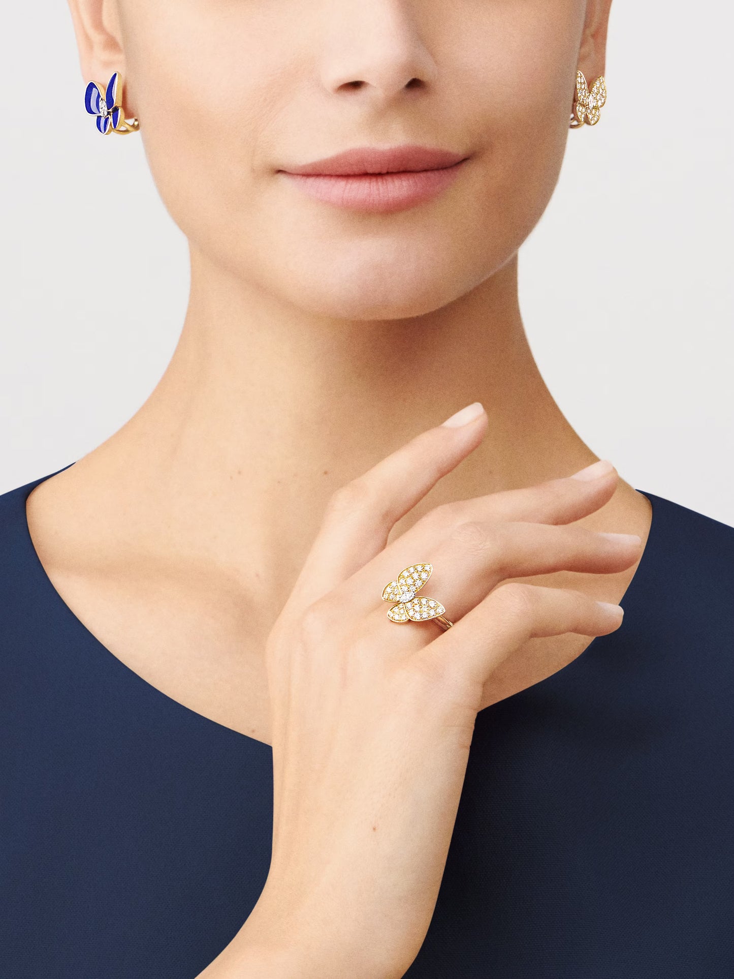 Two Butterfly ring, 18K yellow gold, round diamonds, rhodium plated 18K white gold, marquise-cut diamonds.