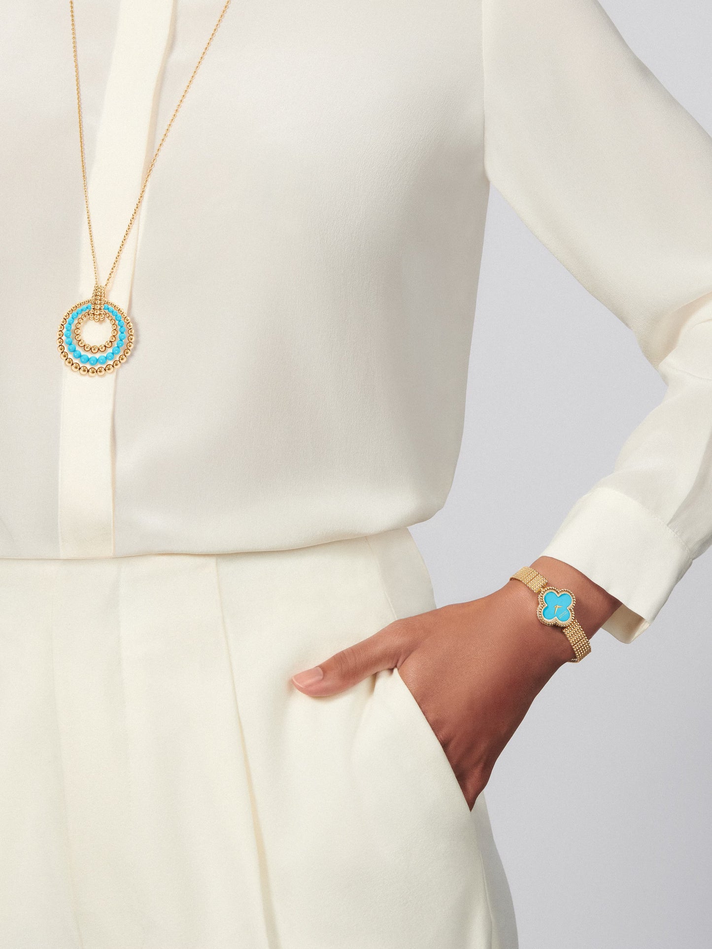 Perlée couleurs transformable long necklace, 18K yellow gold, coral, onyx, turquoise.