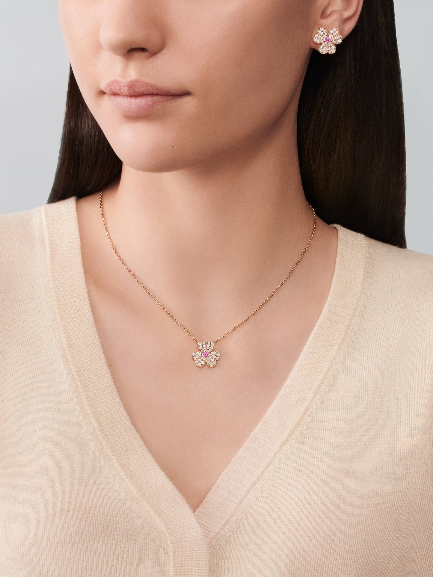 Frivole earrings, small model, 18K rose gold, round pink sapphires, round diamonds