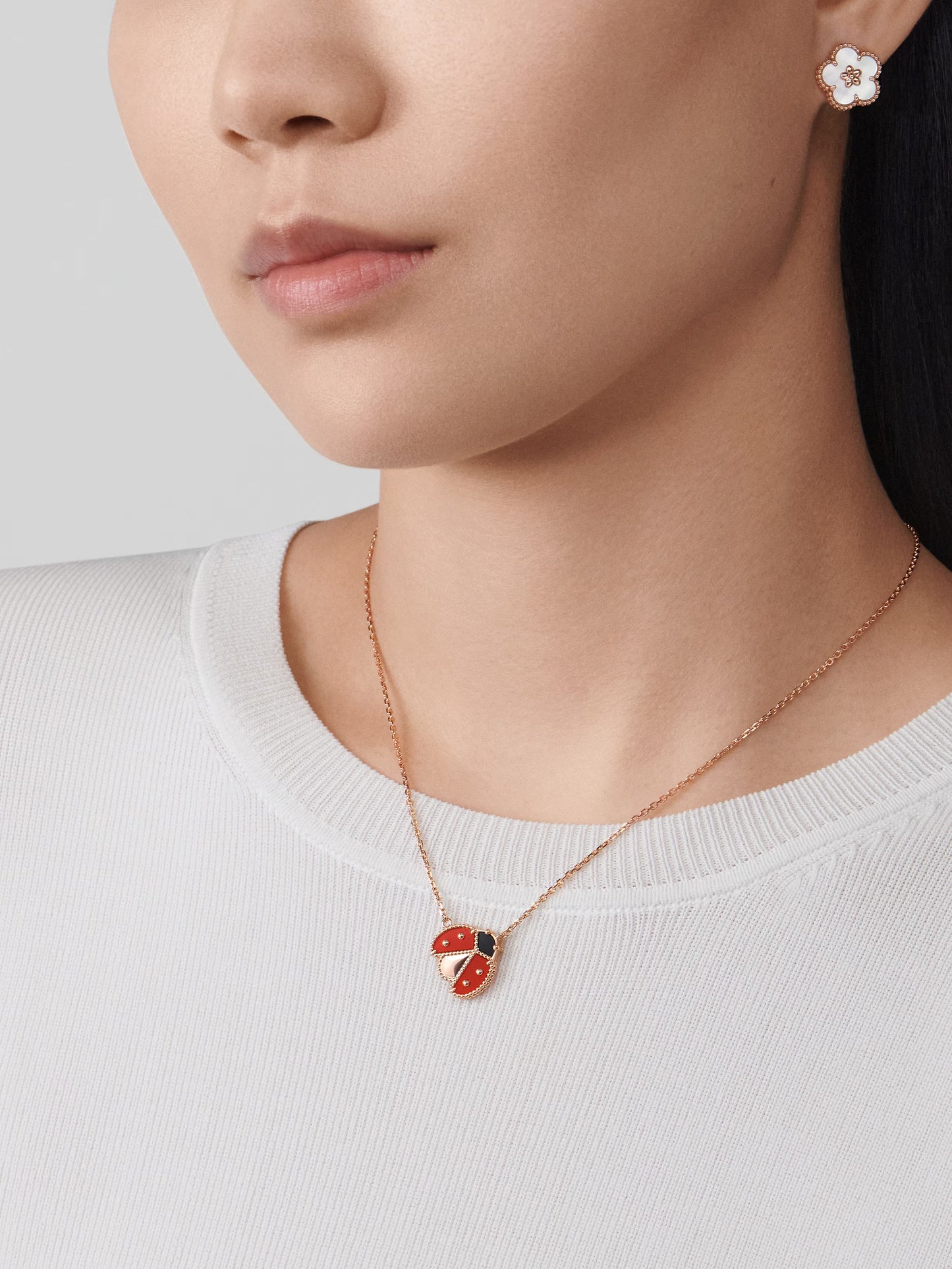 Lucky Spring pendant, open wings ladybug, 18K rose gold, carnelian, onyx.