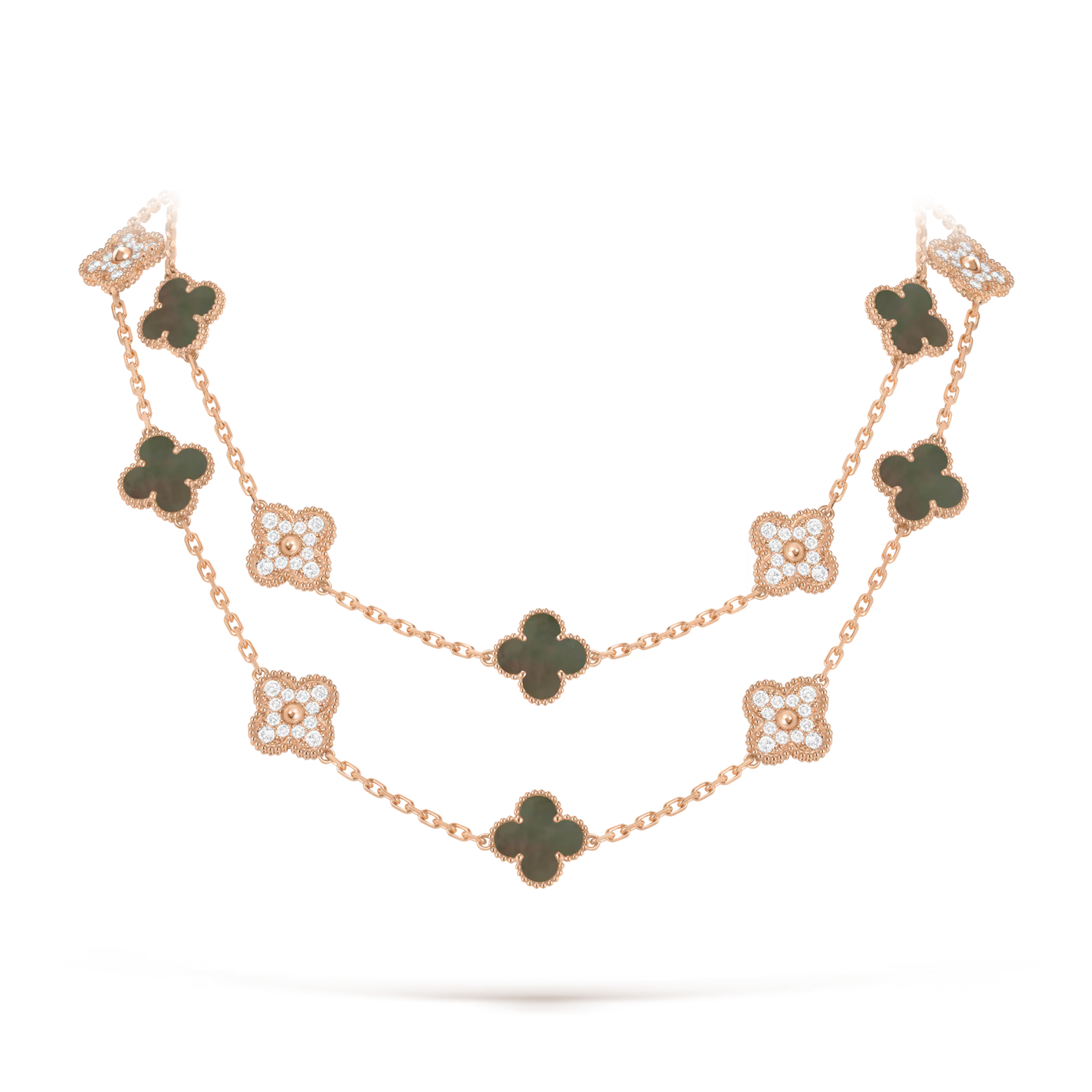 Vintage Alhambra long necklace, 20 motifs, 18K rose gold, gray mother-of-pearl, round diamonds